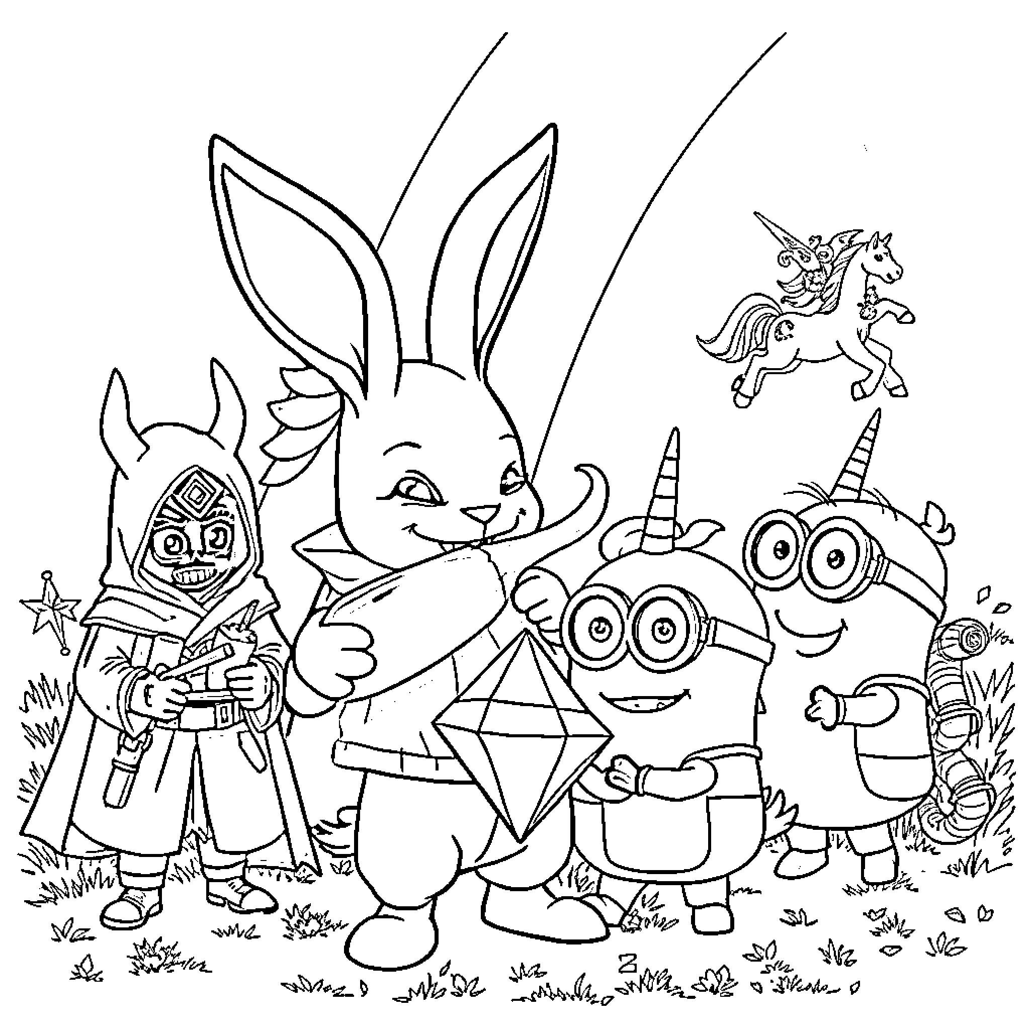 Demon Hunter Rabbit and Minion Characters in Whimsical Scene Coloring Page (free black-and-white line drawing printable PDF for all, from beginners to advanced learners, including children, teens, adults, and seniors)