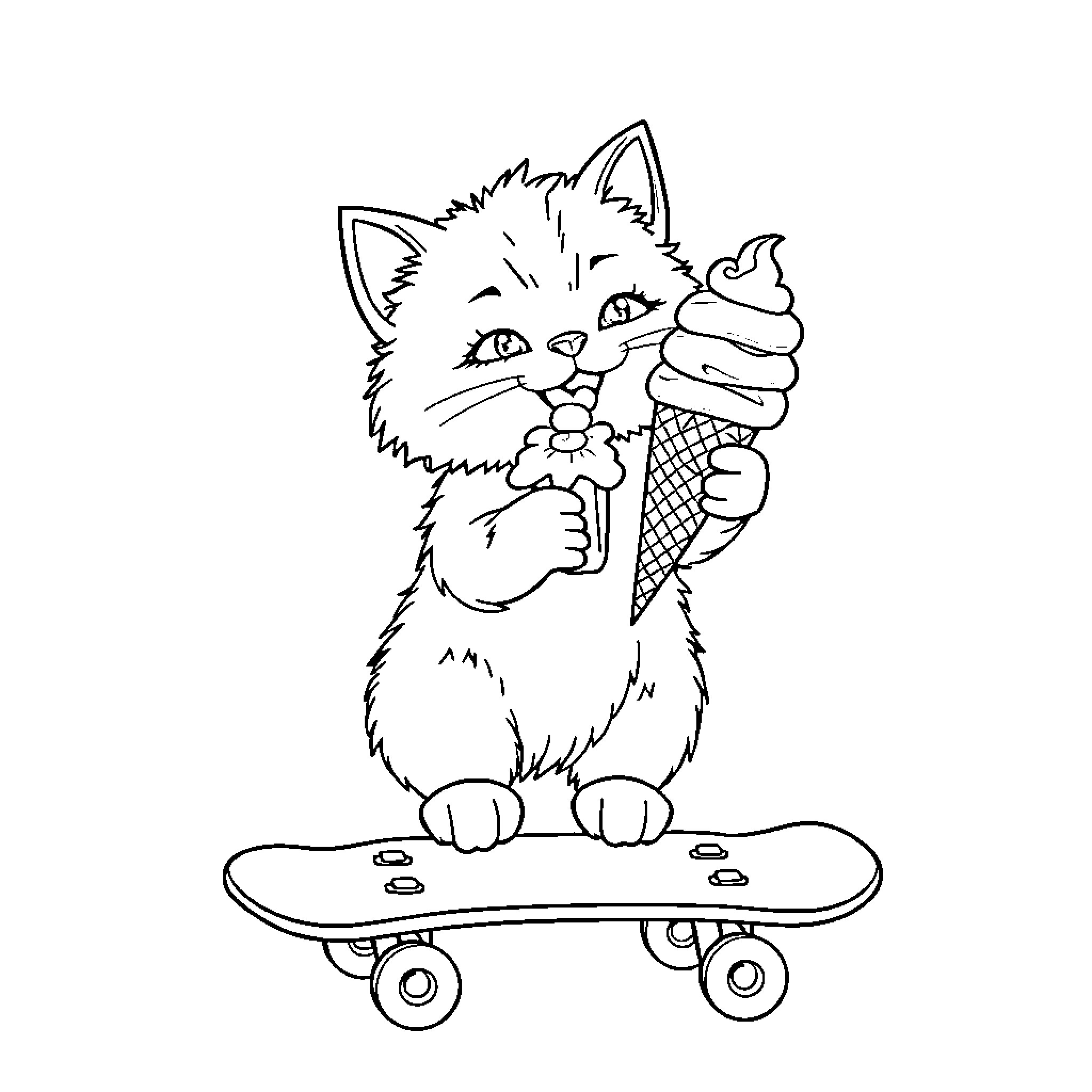 Cat riding a skateboard with an ice cream cone Coloring Page (free black-and-white line drawing printable PDF for all, from beginners to advanced learners, including children, teens, adults, and seniors)