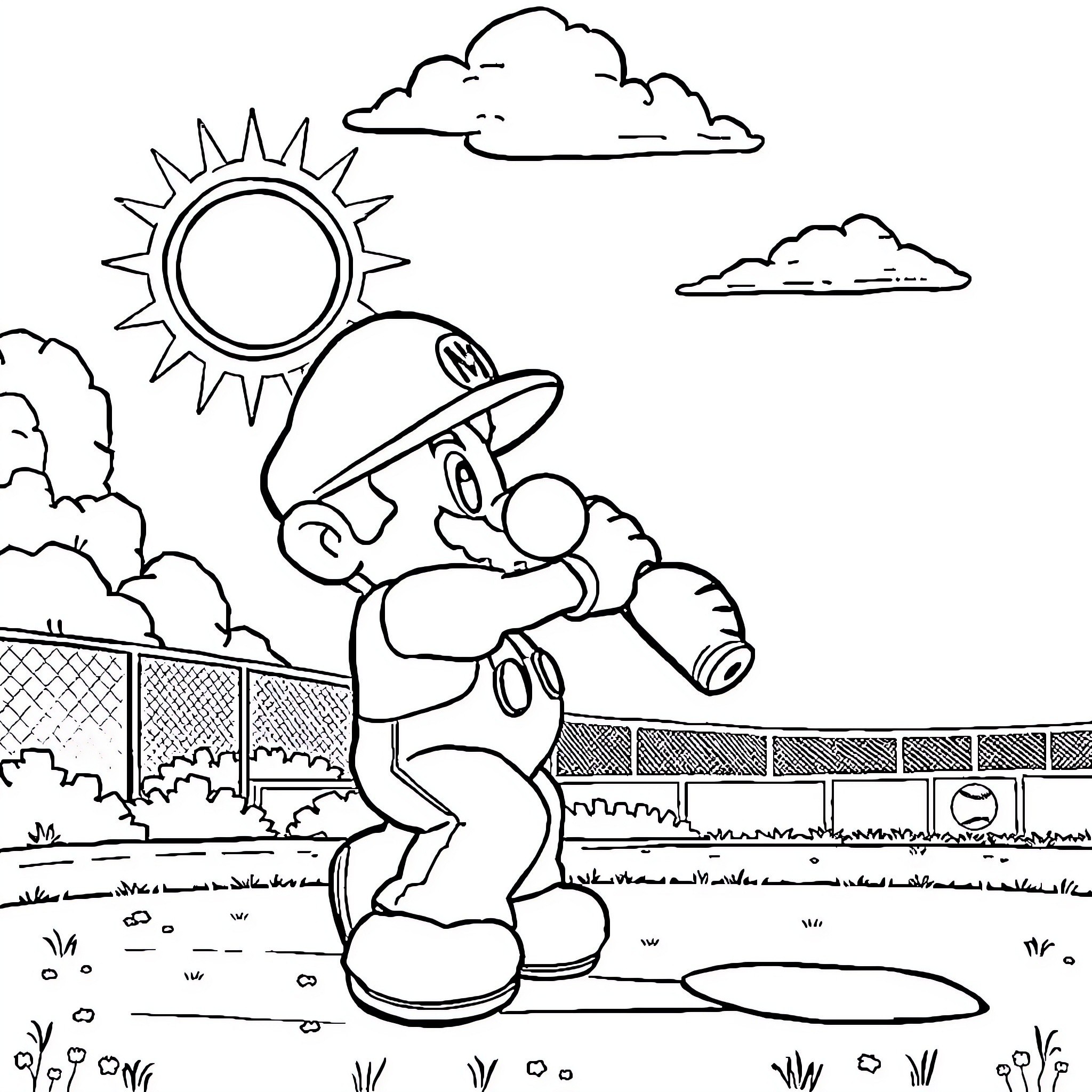 Mario playing baseball in the stadium Coloring Page (free black-and-white line drawing printable PDF for all, from beginners to advanced learners, including children, teens, adults, and seniors)
