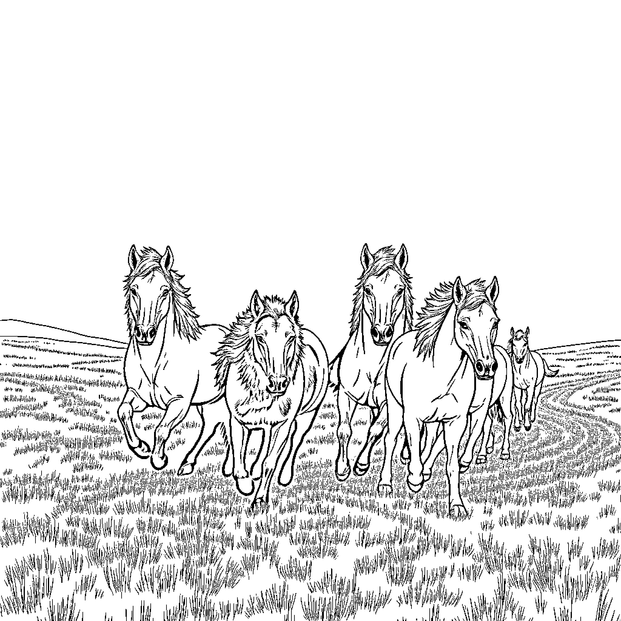 Wolf Herd Galloping Across the Grassy Field Coloring Page (free black-and-white line drawing printable PDF for all, from beginners to advanced learners, including children, teens, adults, and seniors)