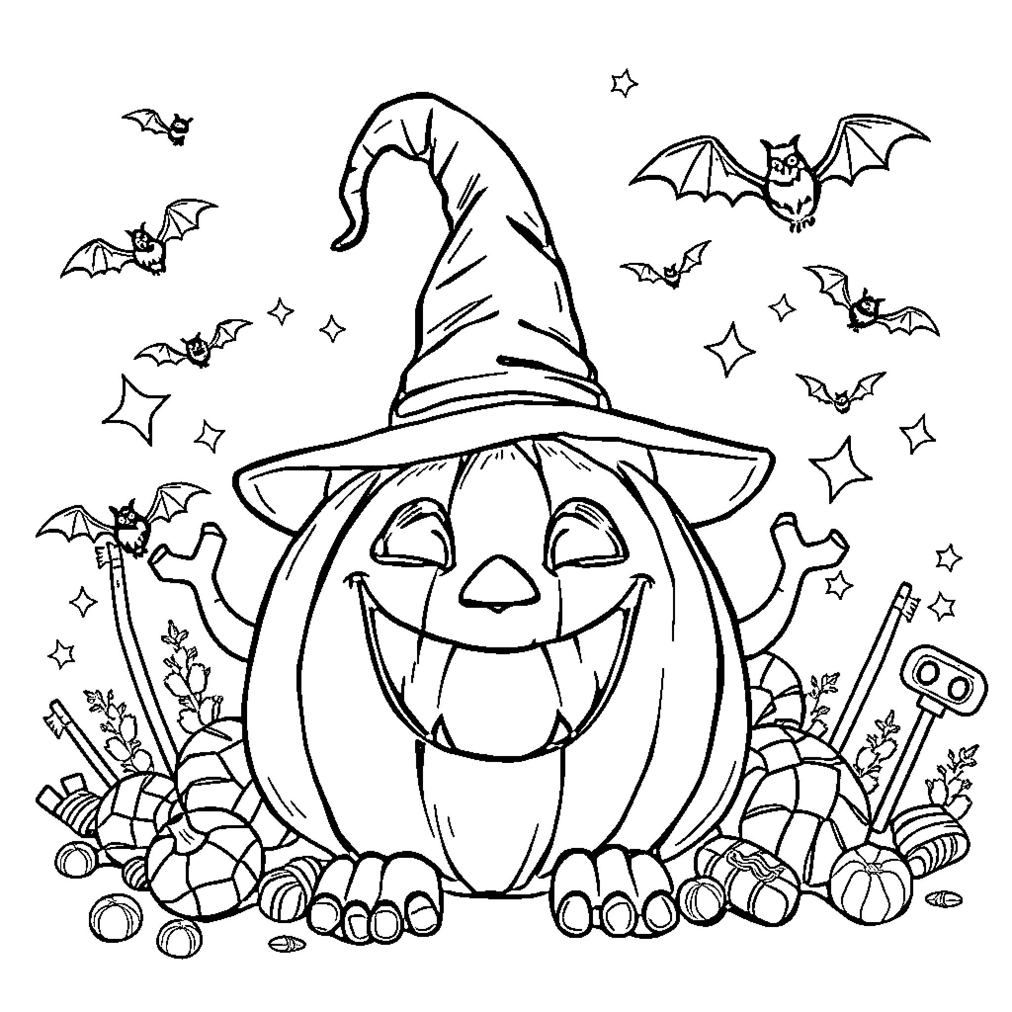 Pumpkin with Whimsical Halloween Accessories Coloring Page (free black-and-white line drawing printable PDF for all, from beginners to advanced learners, including children, teens, adults, and seniors)