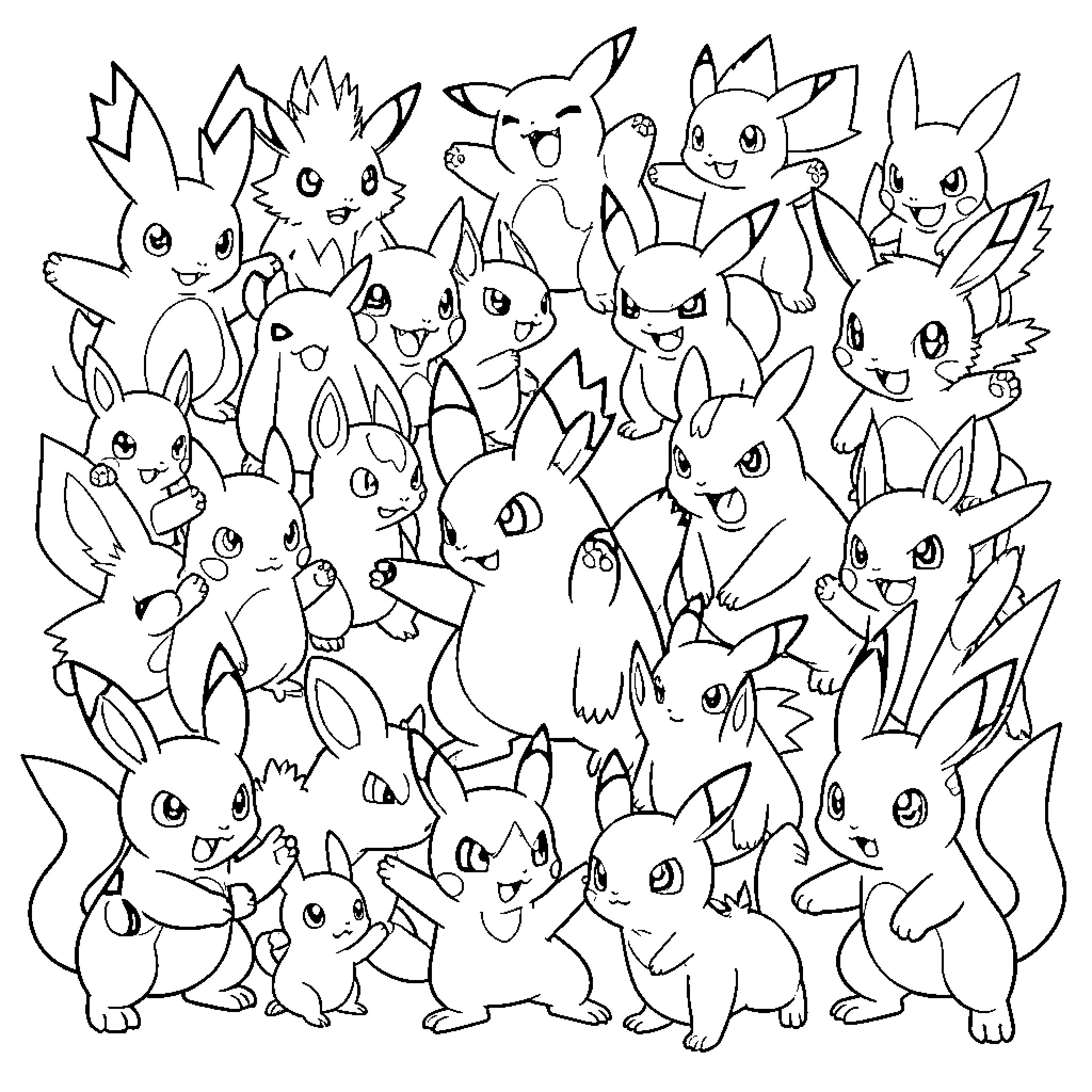 Pokémon characters posing together in a joyful group scene Coloring Page (free black-and-white line drawing printable PDF for all, from beginners to advanced learners, including children, teens, adults, and seniors)