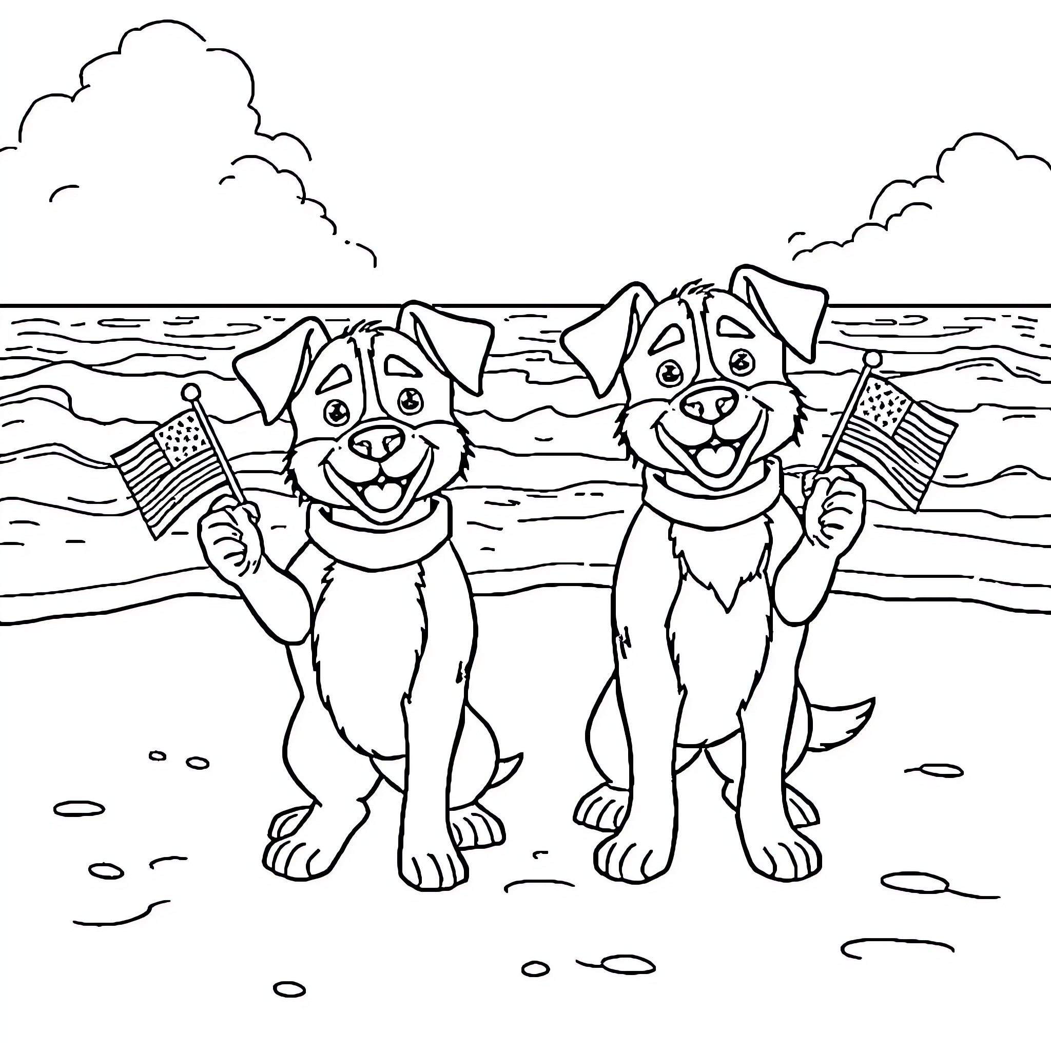 Bluey dogs celebrating at the beach Coloring Page (free black-and-white line drawing printable PDF for all, from beginners to advanced learners, including children, teens, adults, and seniors)