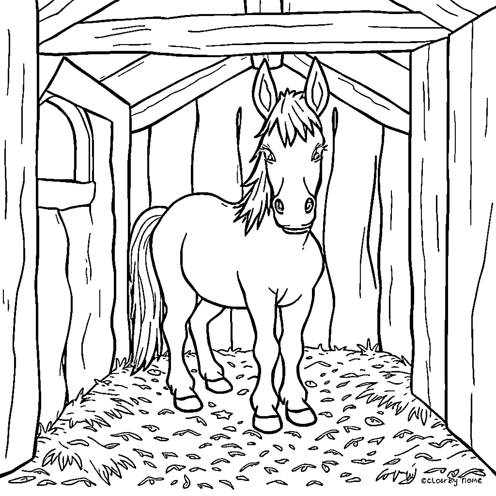Pony standing inside a barn Coloring Page (free black-and-white line drawing printable PDF for all, from beginners to advanced learners, including children, teens, adults, and seniors)