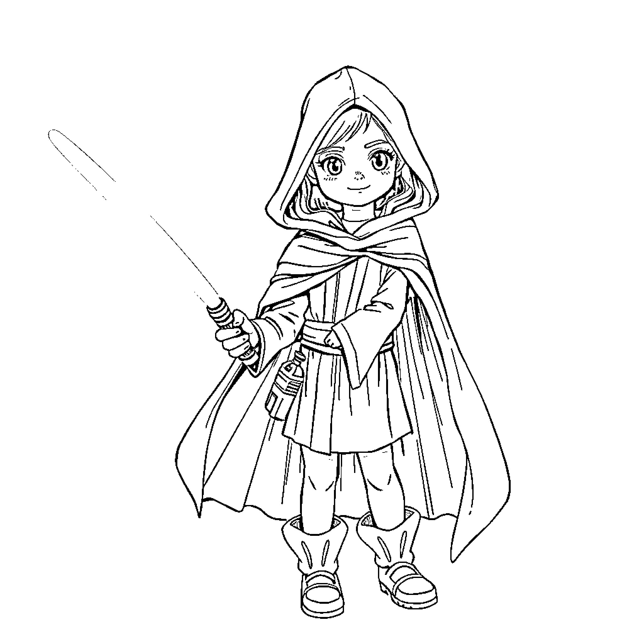 Jedi Apprentice in Training Wields Lightsaber Coloring Page (free black-and-white line drawing printable PDF for all, from beginners to advanced learners, including children, teens, adults, and seniors)