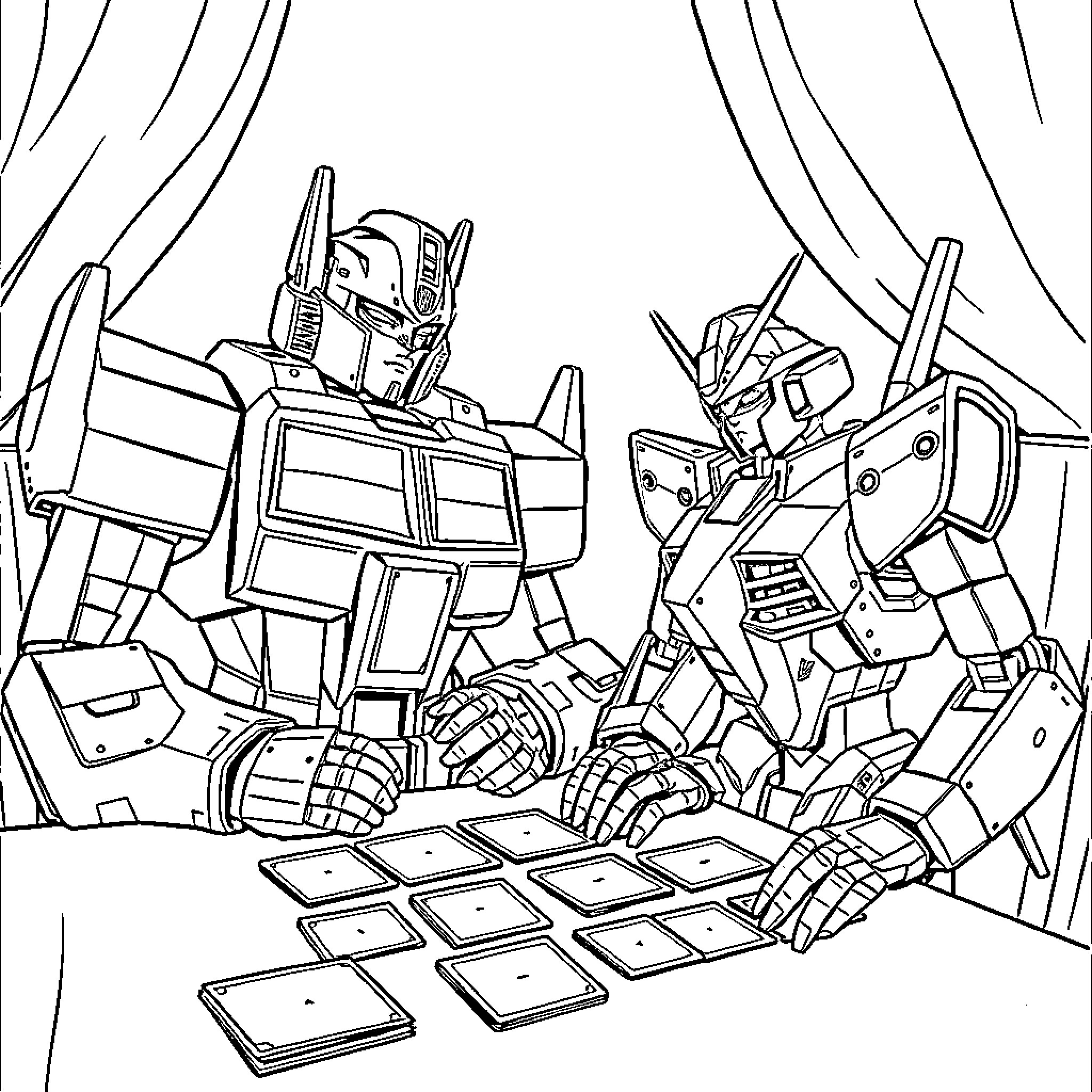 Optimus Prime and Autobots in epic battle scene Coloring Page (free black-and-white line drawing printable PDF for all, from beginners to advanced learners, including children, teens, adults, and seniors)