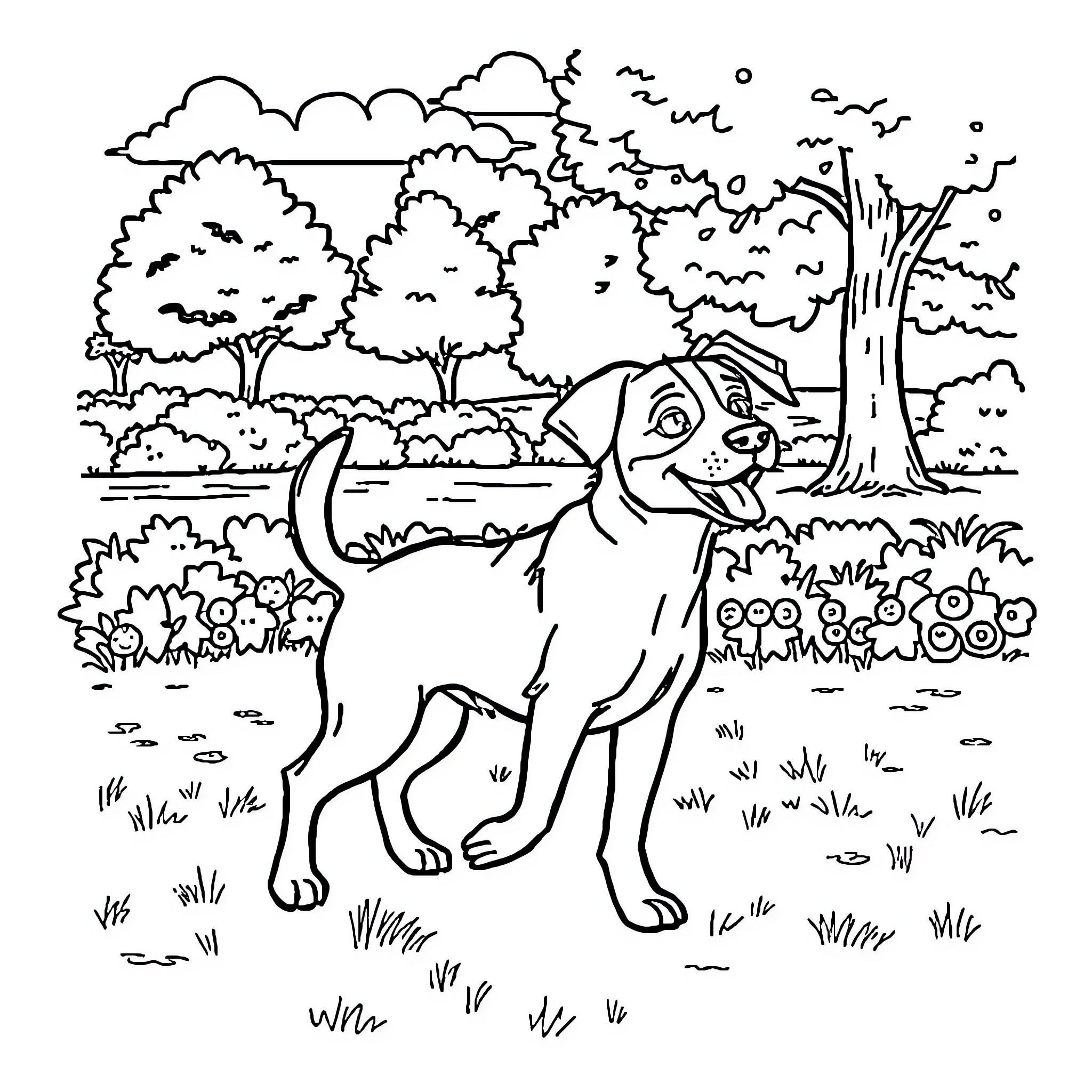 Dog Exploring the Scenic Outdoors Coloring Page (free black-and-white line drawing printable PDF for all, from beginners to advanced learners, including children, teens, adults, and seniors)
