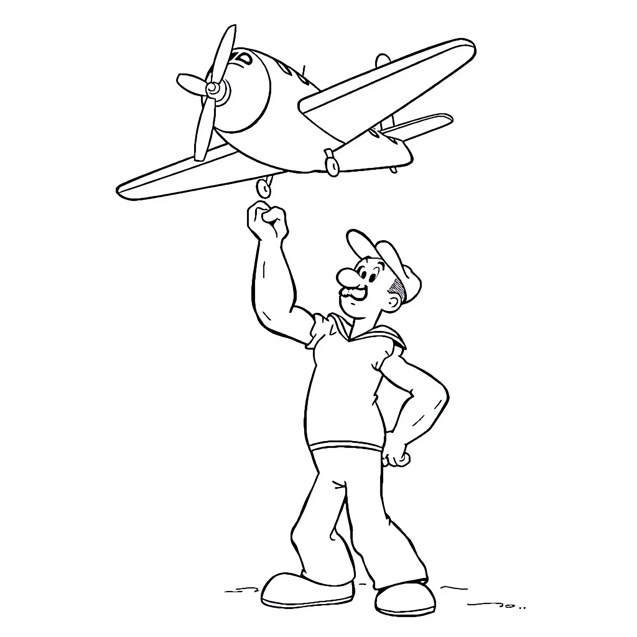 Popeye playing with his cartoon airplane Coloring Page (free black-and-white line drawing printable PDF for all, from beginners to advanced learners, including children, teens, adults, and seniors)