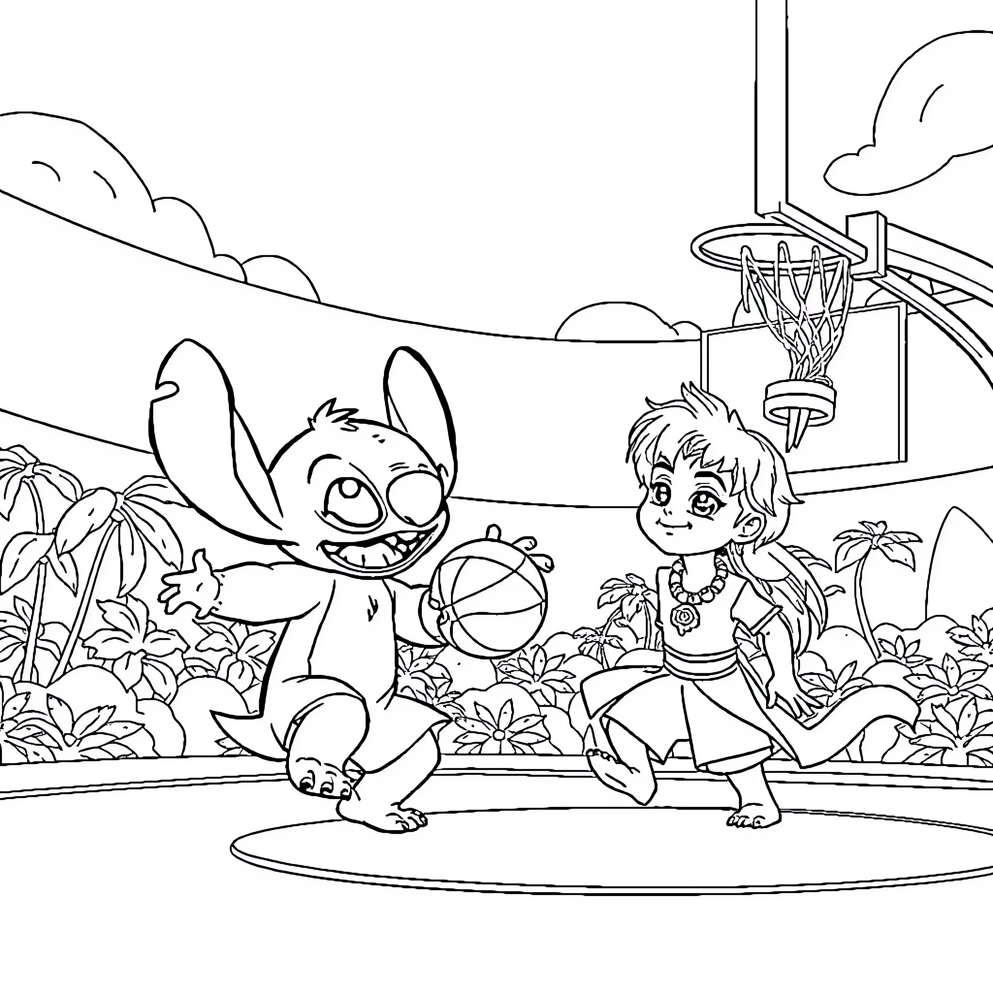 Stitch and Young Boy Playing Basketball Together Coloring Page (free black-and-white line drawing printable PDF for all, from beginners to advanced learners, including children, teens, adults, and seniors)