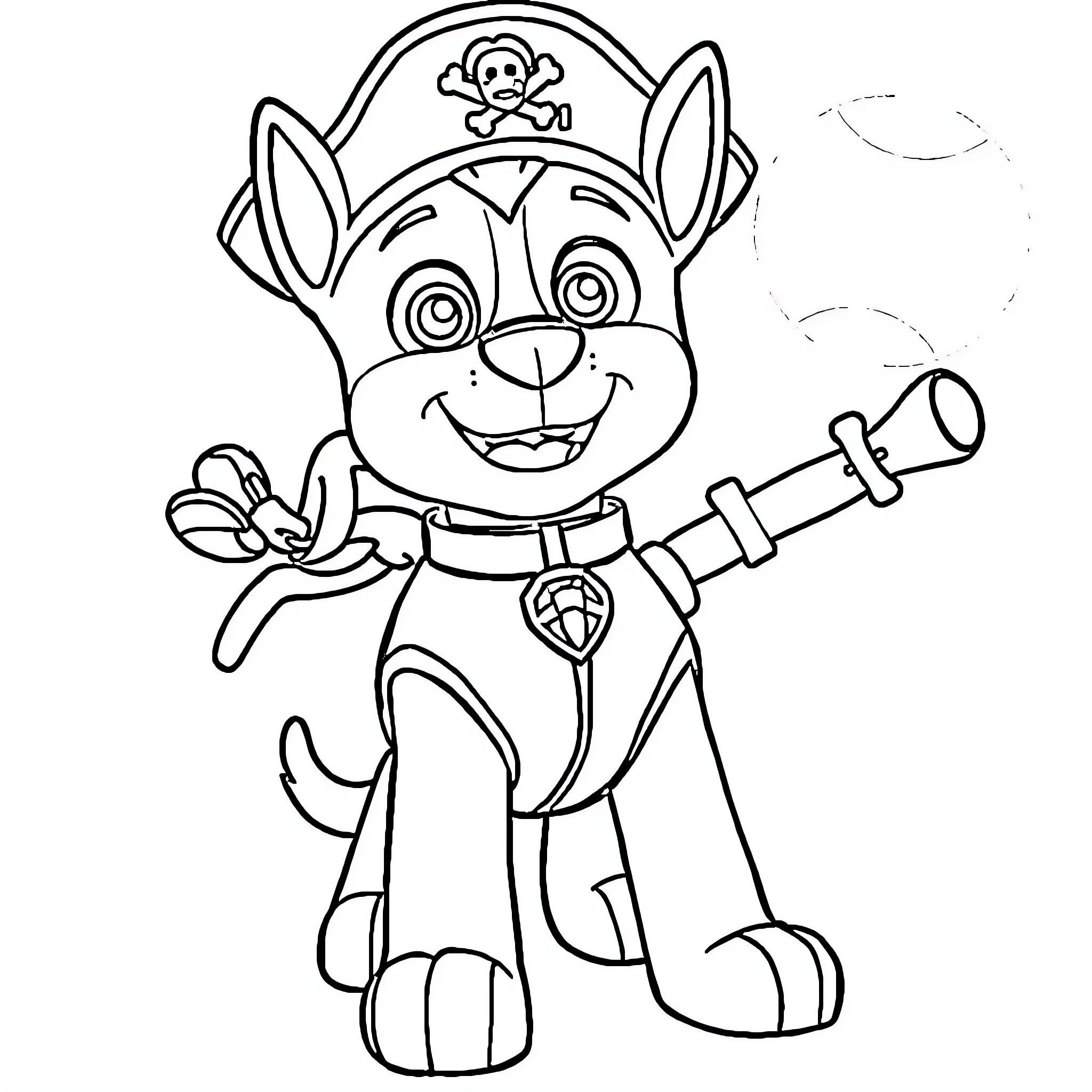 Chase the Pirate Pup's Exciting Adventure Coloring Page (free black-and-white line drawing printable PDF for all, from beginners to advanced learners, including children, teens, adults, and seniors)