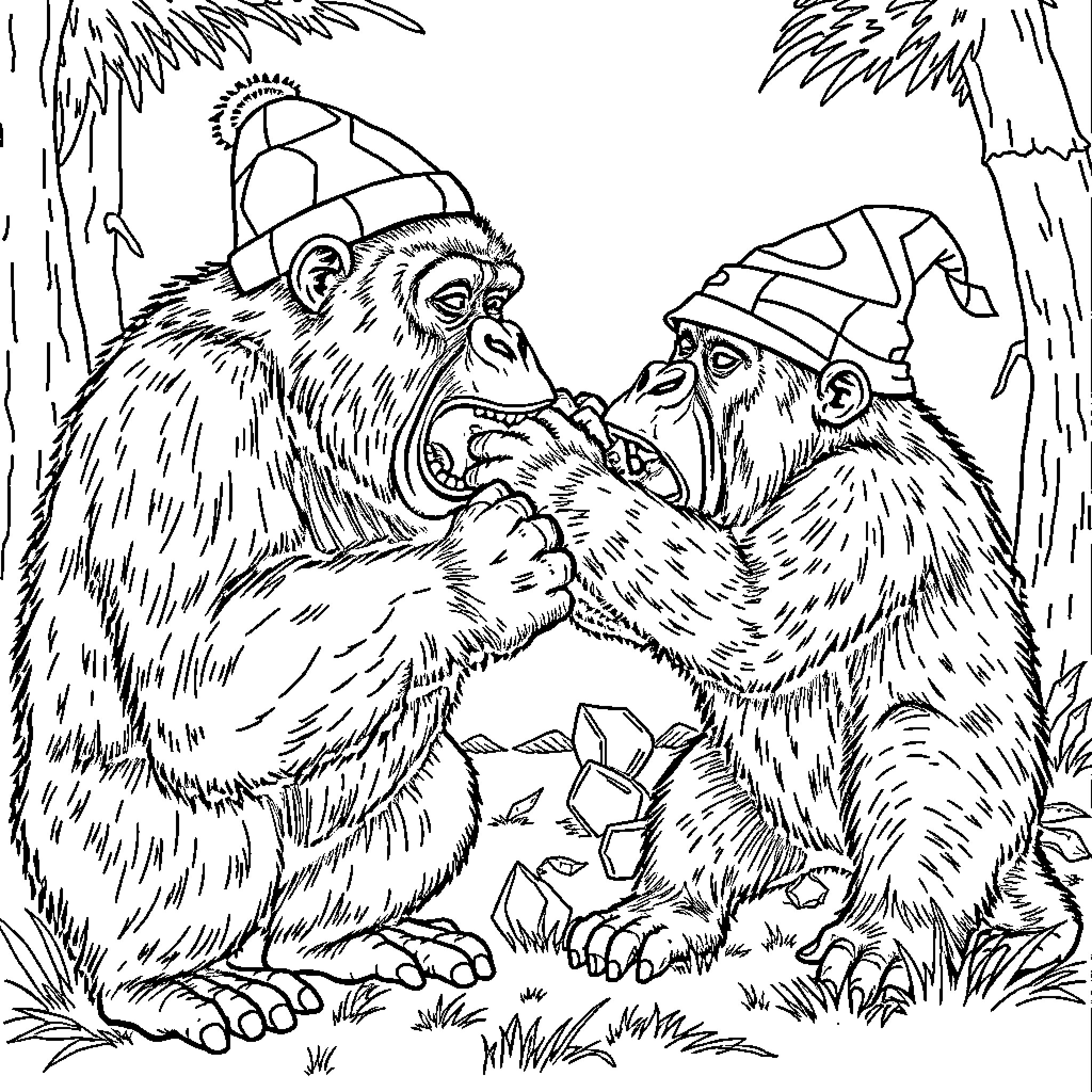 Gorillas interacting playfully in the forest Coloring Page (free black-and-white line drawing printable PDF for all, from beginners to advanced learners, including children, teens, adults, and seniors)