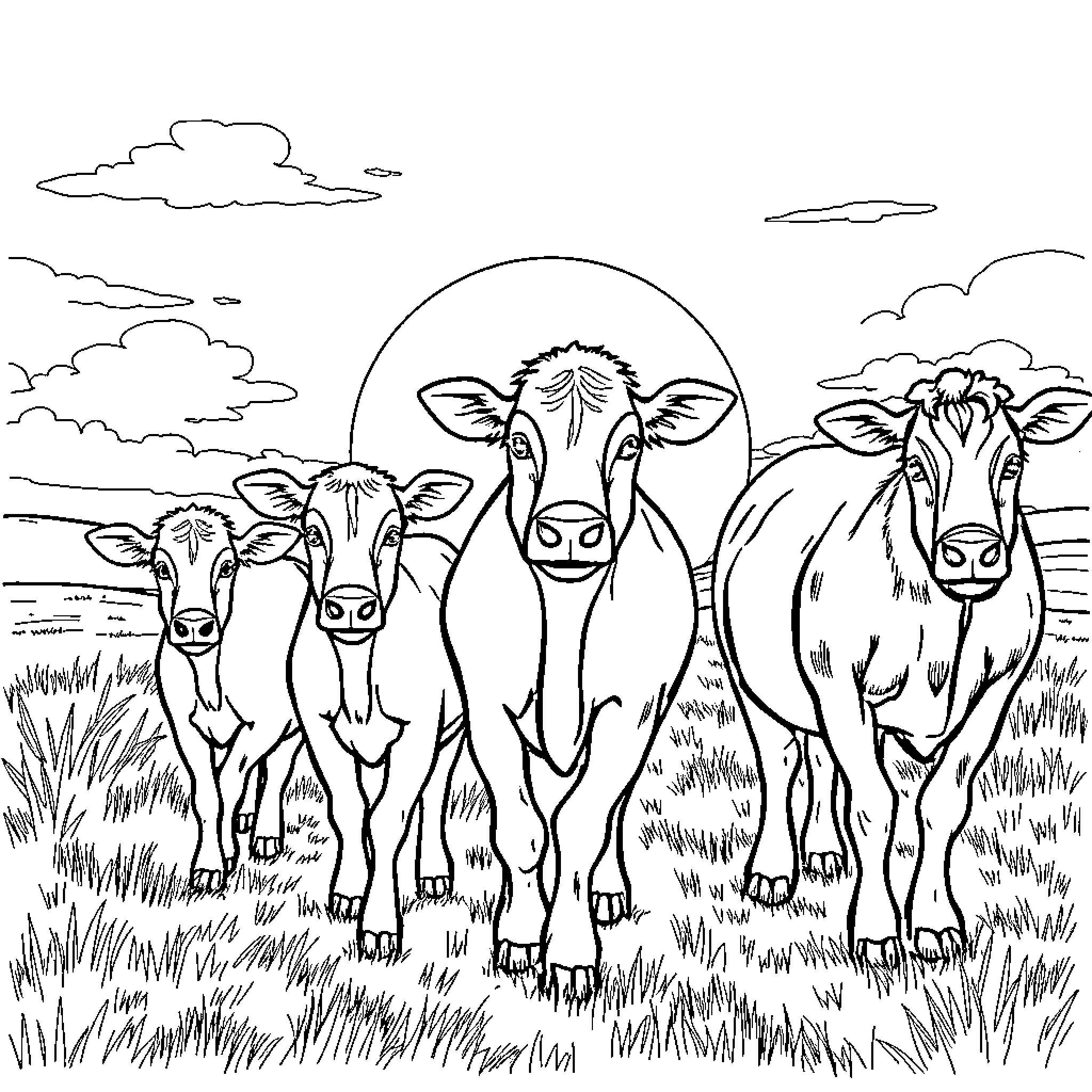 Farm Animal Herd Grazing in Pastoral Landscape Coloring Page (free black-and-white line drawing printable PDF for all, from beginners to advanced learners, including children, teens, adults, and seniors)