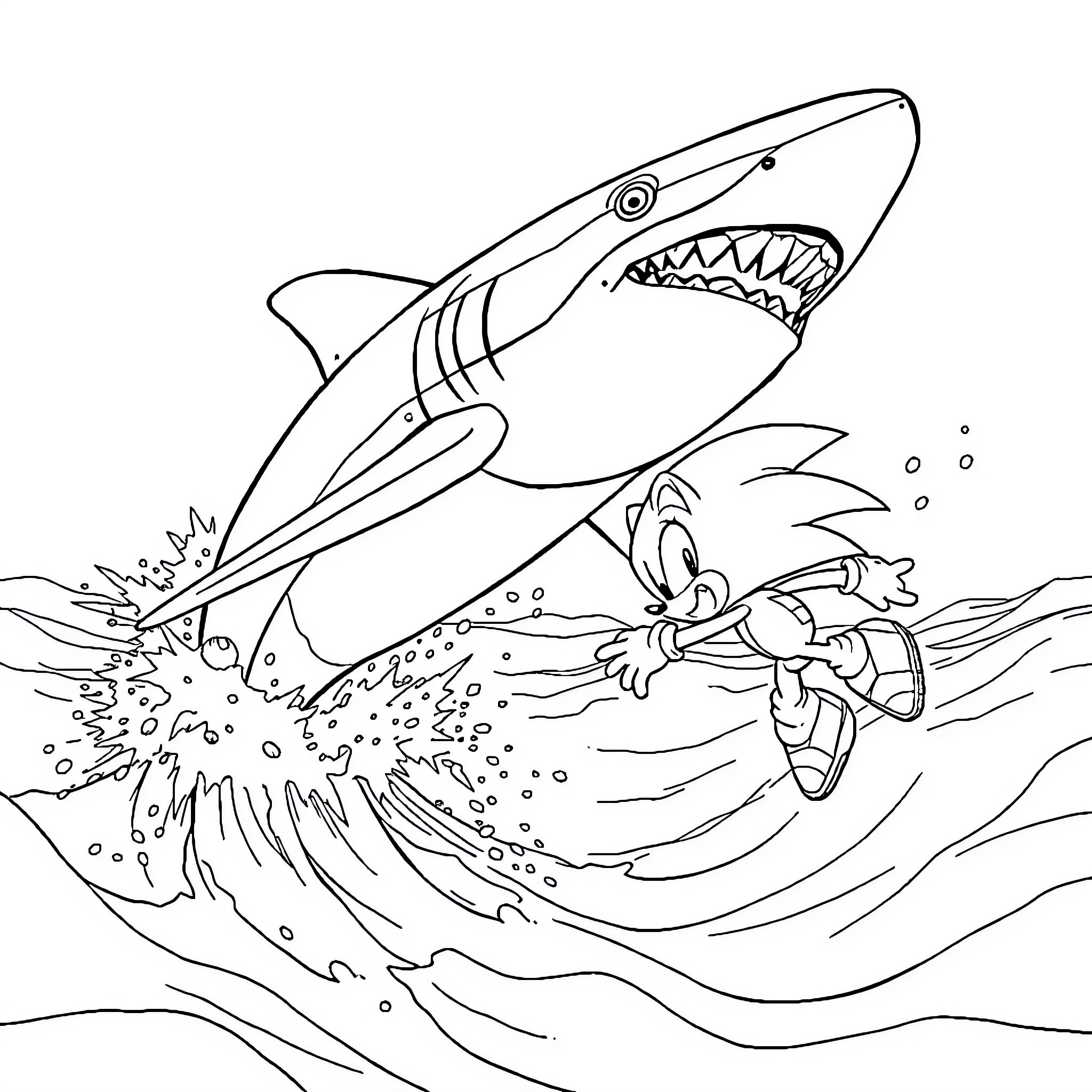 Whale Shark chasing after a tiny fish Coloring Page (free black-and-white line drawing printable PDF for all, from beginners to advanced learners, including children, teens, adults, and seniors)
