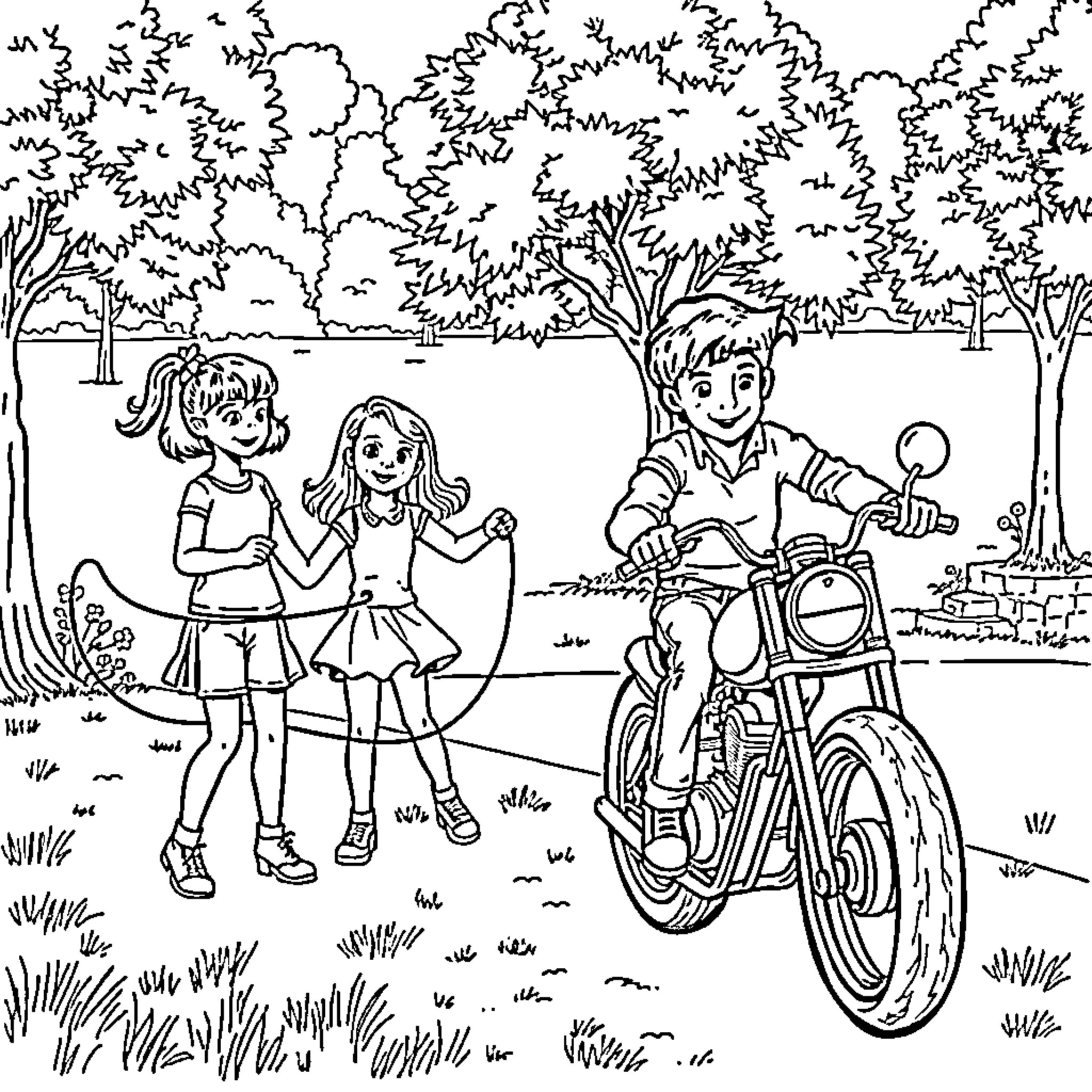 Kid friends playing in the park Coloring Page (free black-and-white line drawing printable PDF for all, from beginners to advanced learners, including children, teens, adults, and seniors)