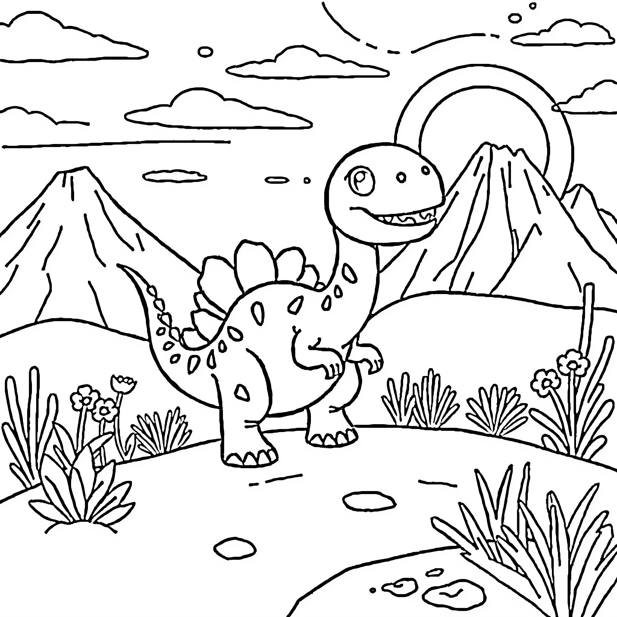 Dino exploring the prehistoric landscape Coloring Page (free black-and-white line drawing printable PDF for all, from beginners to advanced learners, including children, teens, adults, and seniors)