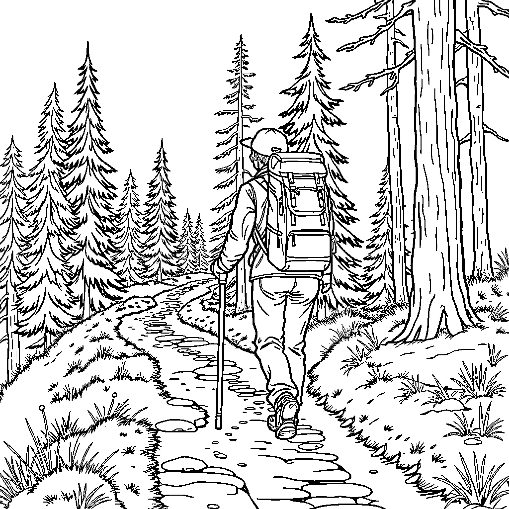Hiker navigating through the serene forest landscape Coloring Page (free black-and-white line drawing printable PDF for all, from beginners to advanced learners, including children, teens, adults, and seniors)