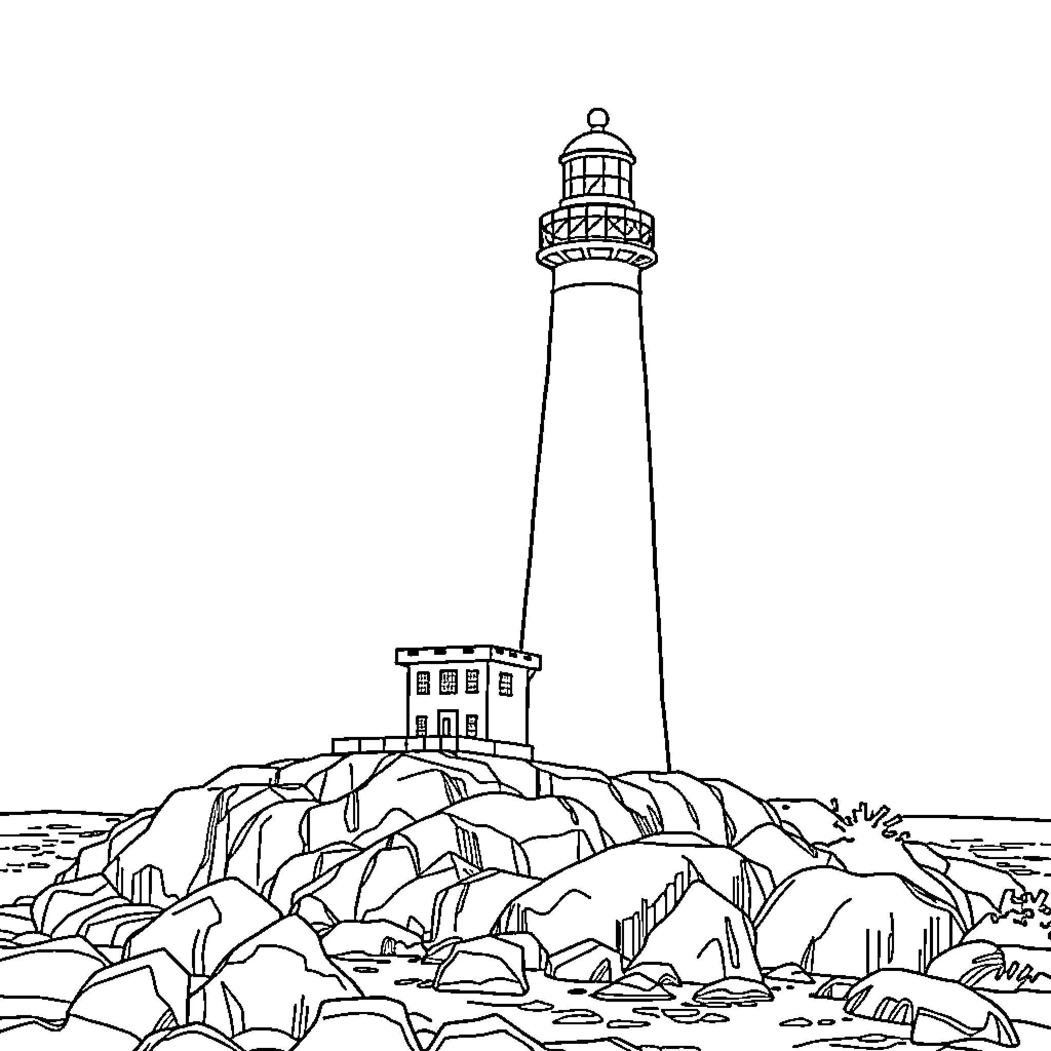 Lighthouse standing tall on rocky outcrop Coloring Page (free black-and-white line drawing printable PDF for all, from beginners to advanced learners, including children, teens, adults, and seniors)