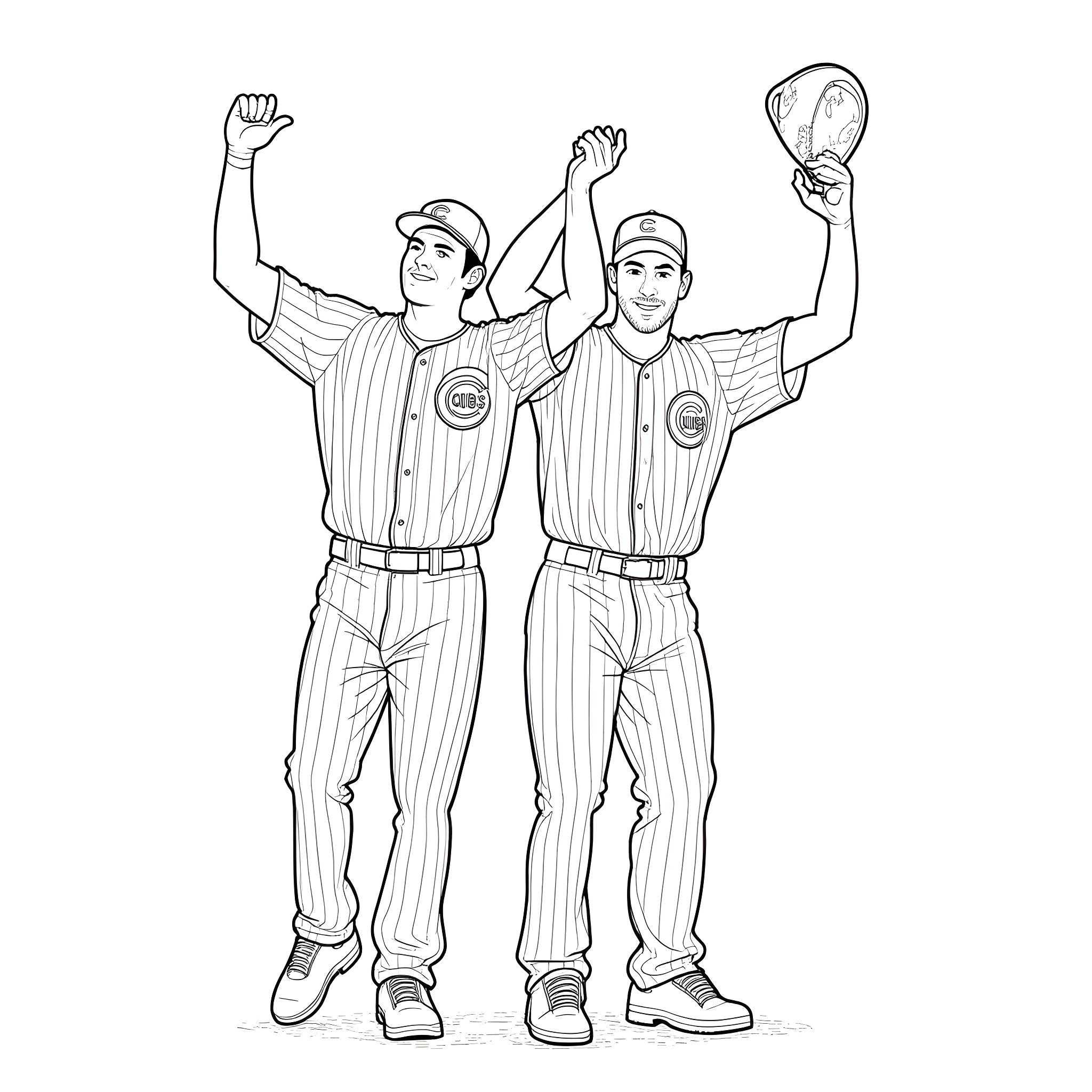Cubs players celebrating victory in baseball game Coloring Page (free black-and-white line drawing printable PDF for all, from beginners to advanced learners, including children, teens, adults, and seniors)
