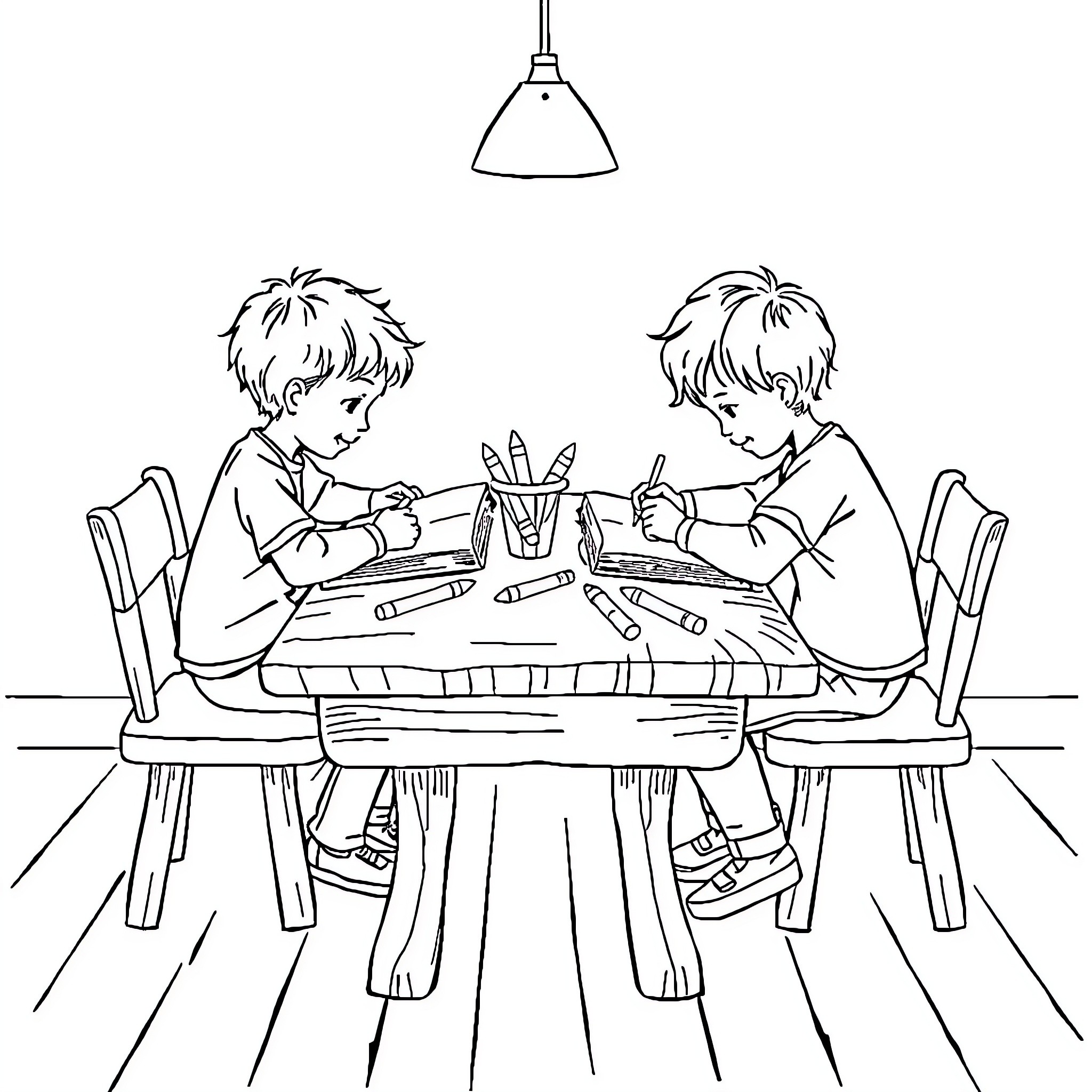 Children creating art at a table Coloring Page (free black-and-white line drawing printable PDF for all, from beginners to advanced learners, including children, teens, adults, and seniors)