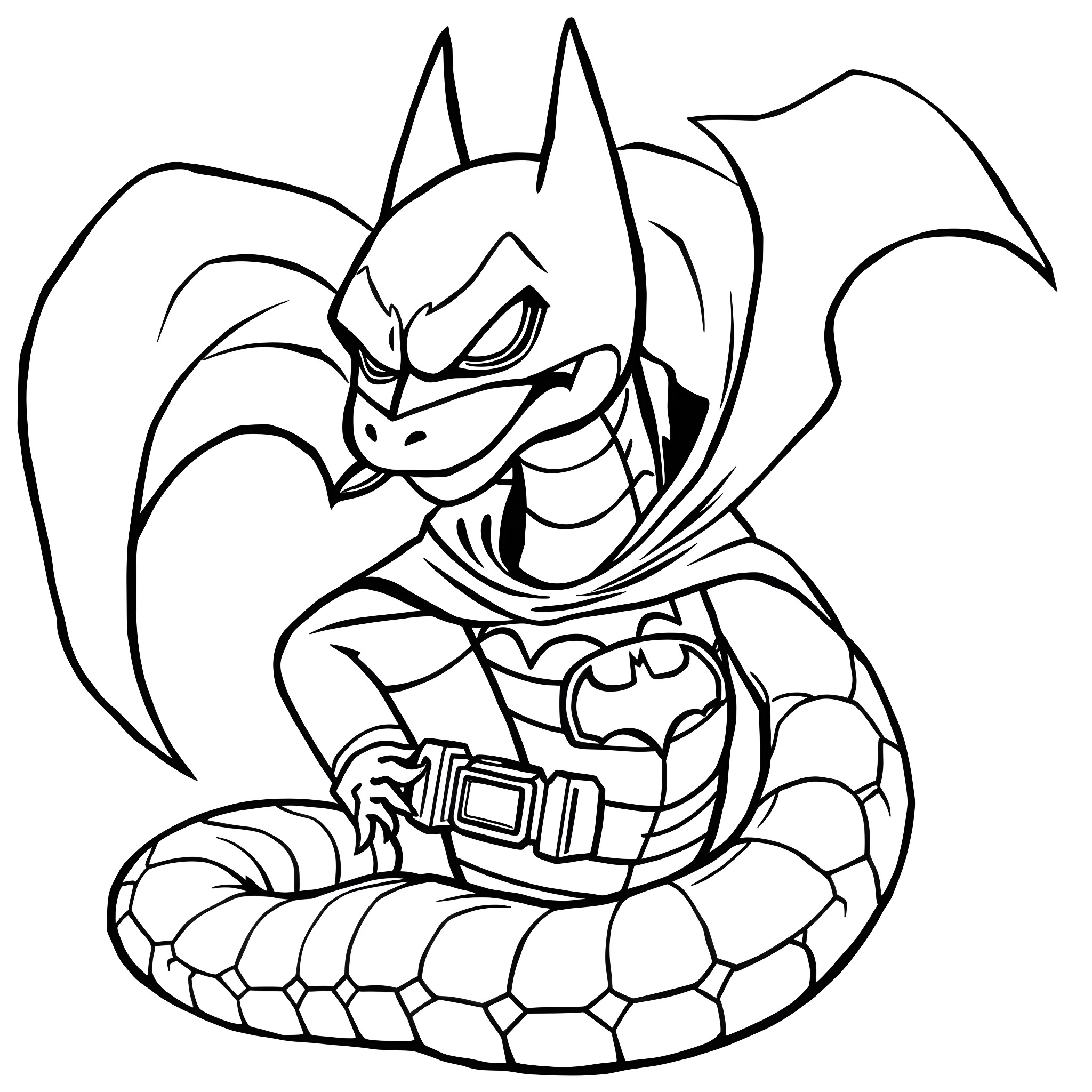 Snake-like Batman-inspired superhero in action pose Coloring Page (free black-and-white line drawing printable PDF for all, from beginners to advanced learners, including children, teens, adults, and seniors)