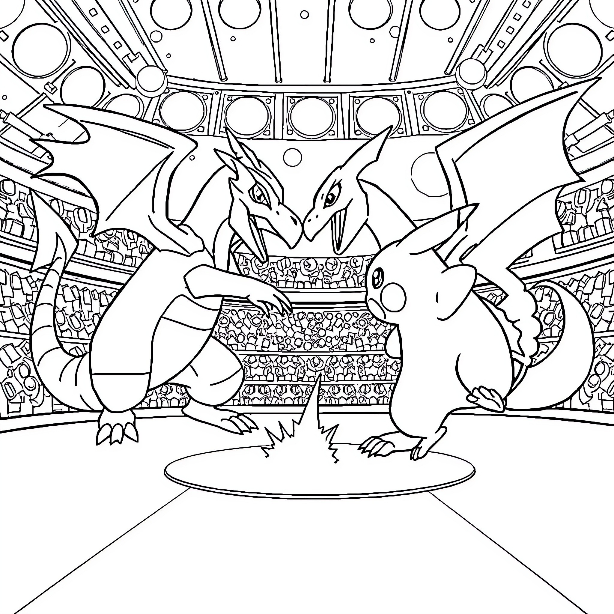 Pokémon battle in a fantastical arena Coloring Page (free black-and-white line drawing printable PDF for all, from beginners to advanced learners, including children, teens, adults, and seniors)