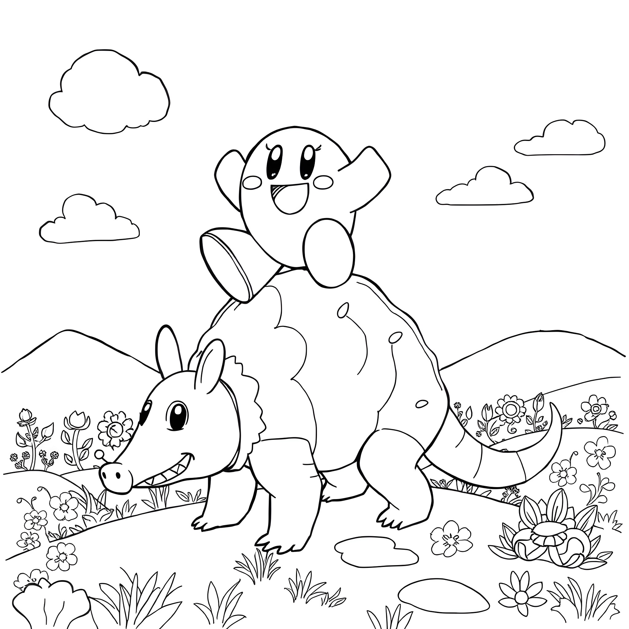 Kirby exploring nature with a friendly rabbit Coloring Page (free black-and-white line drawing printable PDF for all, from beginners to advanced learners, including children, teens, adults, and seniors)