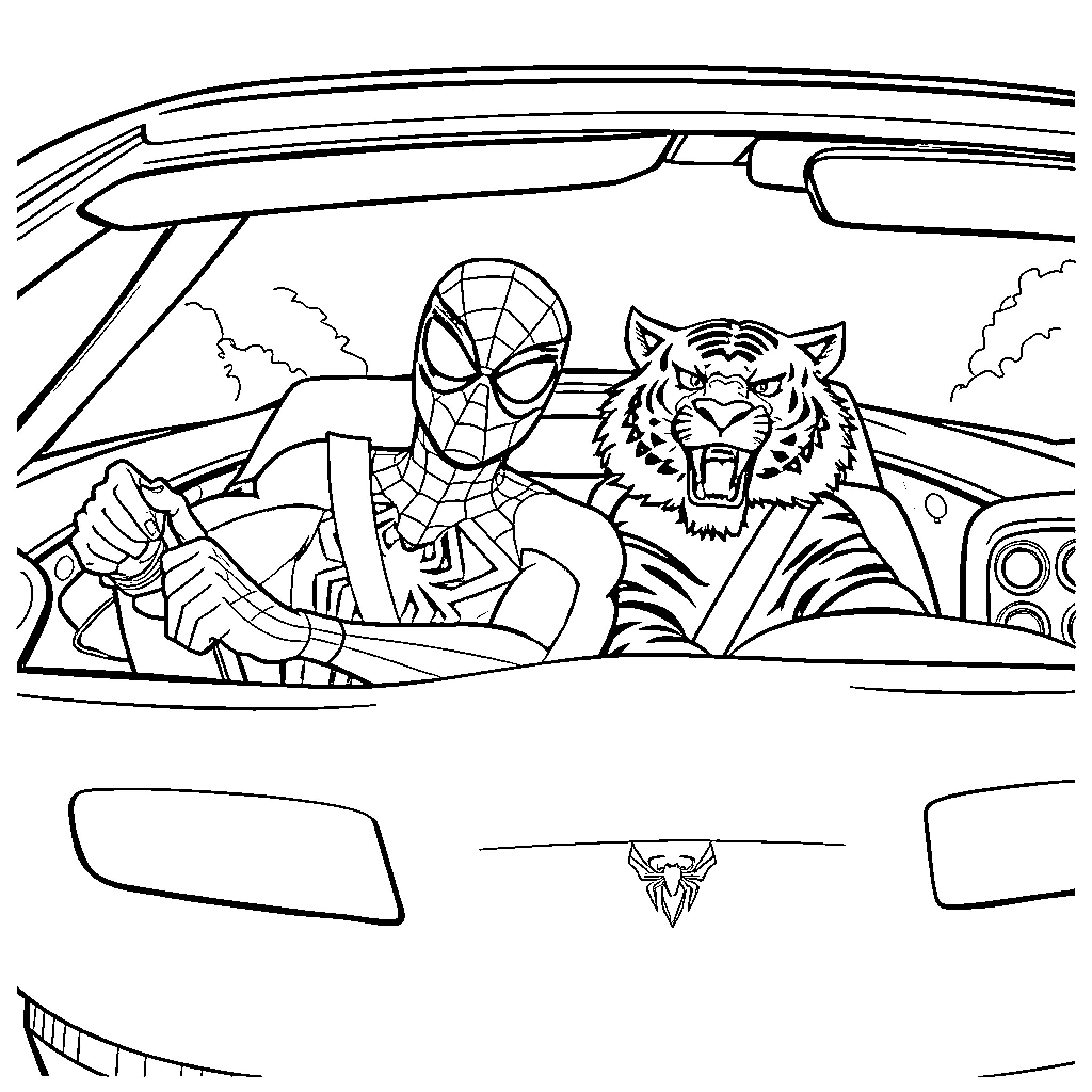 Miles Morales drives a car with a tiger Coloring Page (free black-and-white line drawing printable PDF for all, from beginners to advanced learners, including children, teens, adults, and seniors)