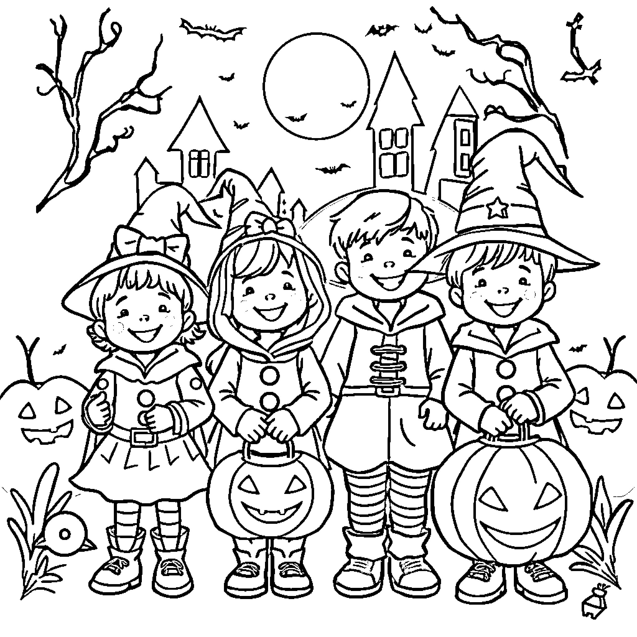 Kids dressed in Halloween costumes and accessories Coloring Page (free black-and-white line drawing printable PDF for all, from beginners to advanced learners, including children, teens, adults, and seniors)