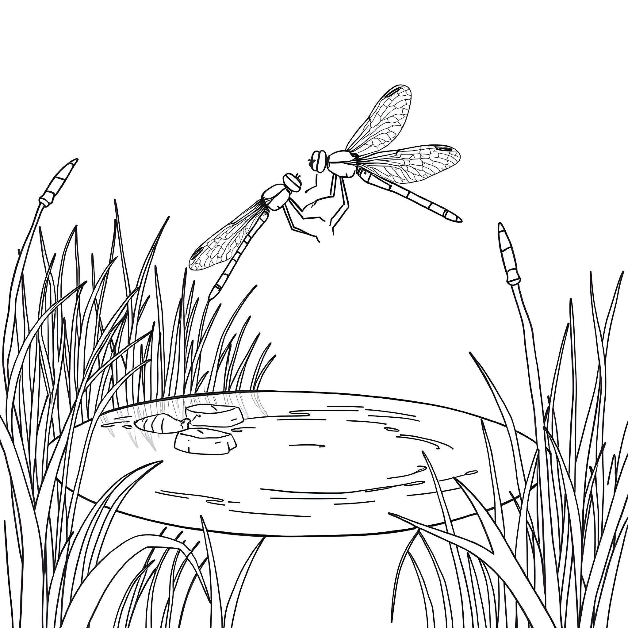 Damselfly hovering above a pond Coloring Page (free black-and-white line drawing printable PDF for all, from beginners to advanced learners, including children, teens, adults, and seniors)