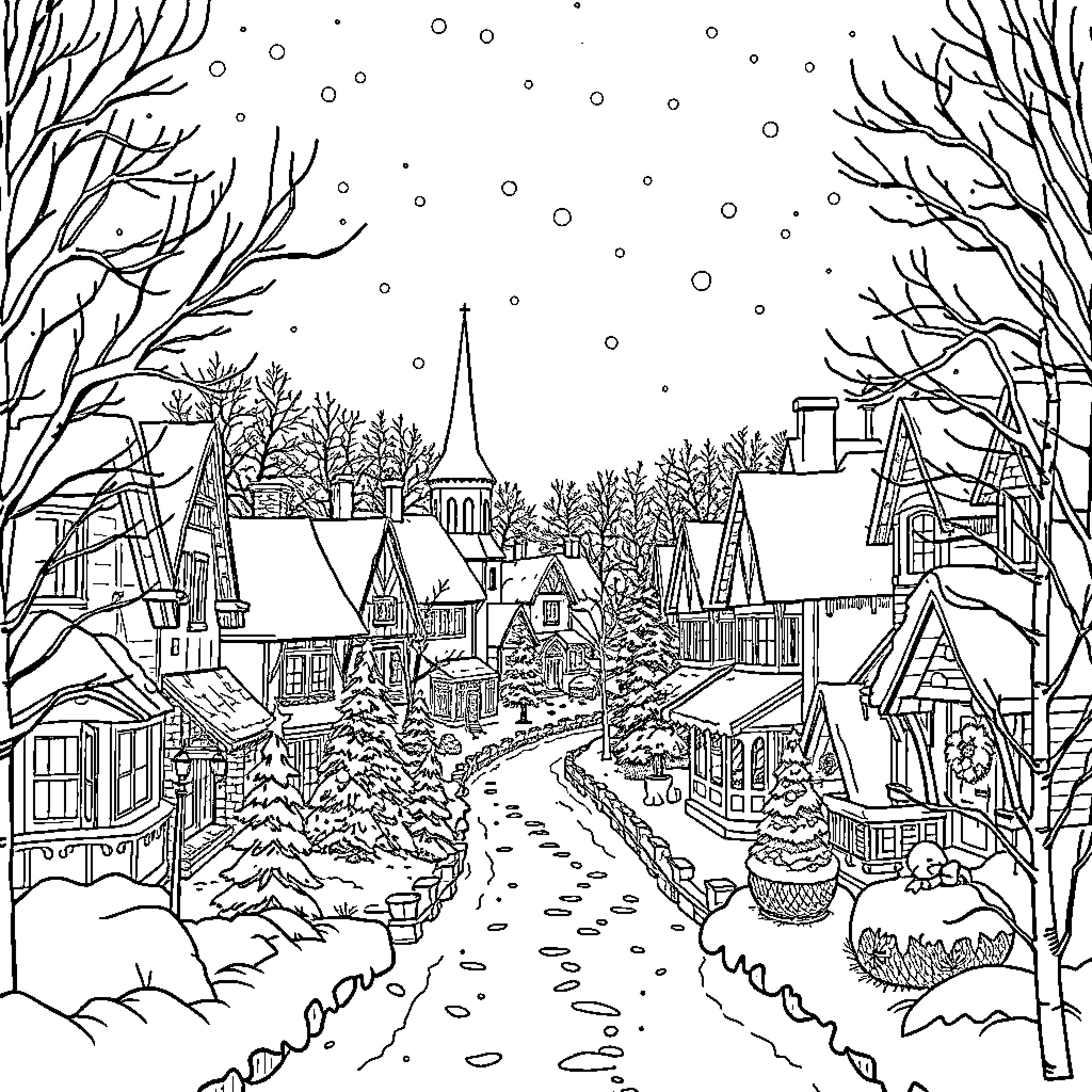Wintertown: A Snowy Wonderland of Cozy Cottages and Winding Paths Coloring Page (free black-and-white line drawing printable PDF for all, from beginners to advanced learners, including children, teens, adults, and seniors)