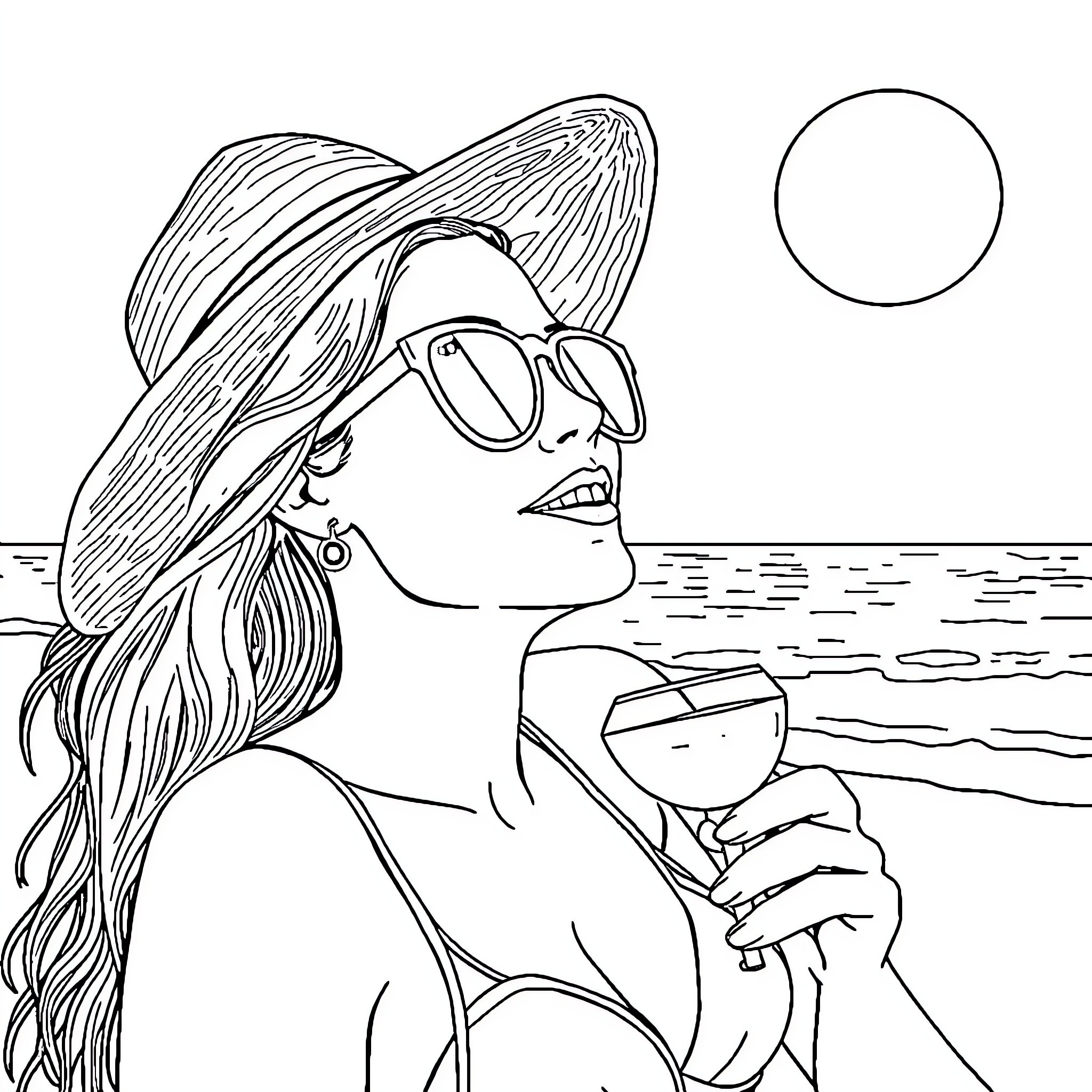 Woman enjoying the beach and sunset Coloring Page (free black-and-white line drawing printable PDF for all, from beginners to advanced learners, including children, teens, adults, and seniors)