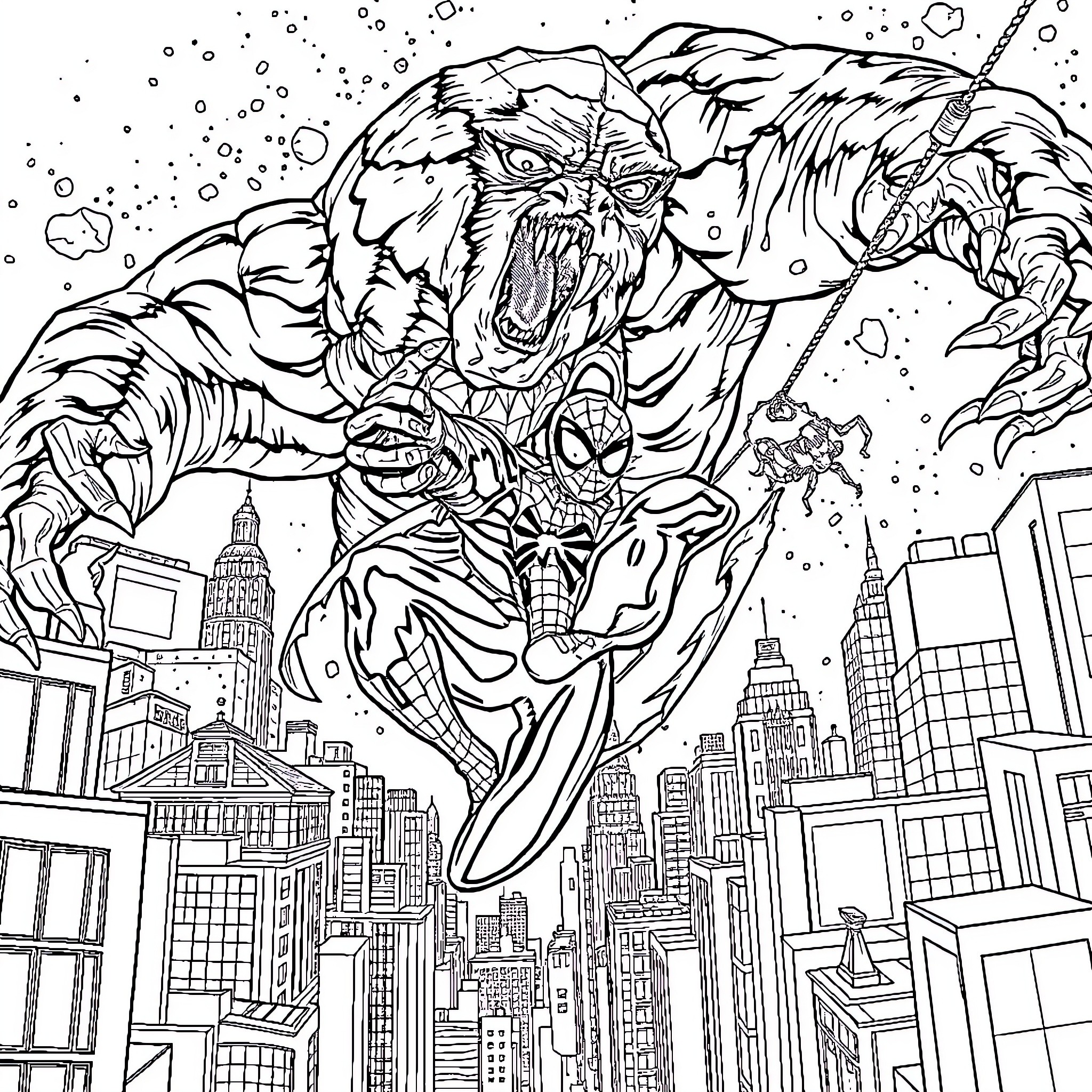 Spiderman battles a monstrous villain over the city skyline Coloring Page (free black-and-white line drawing printable PDF for all, from beginners to advanced learners, including children, teens, adults, and seniors)