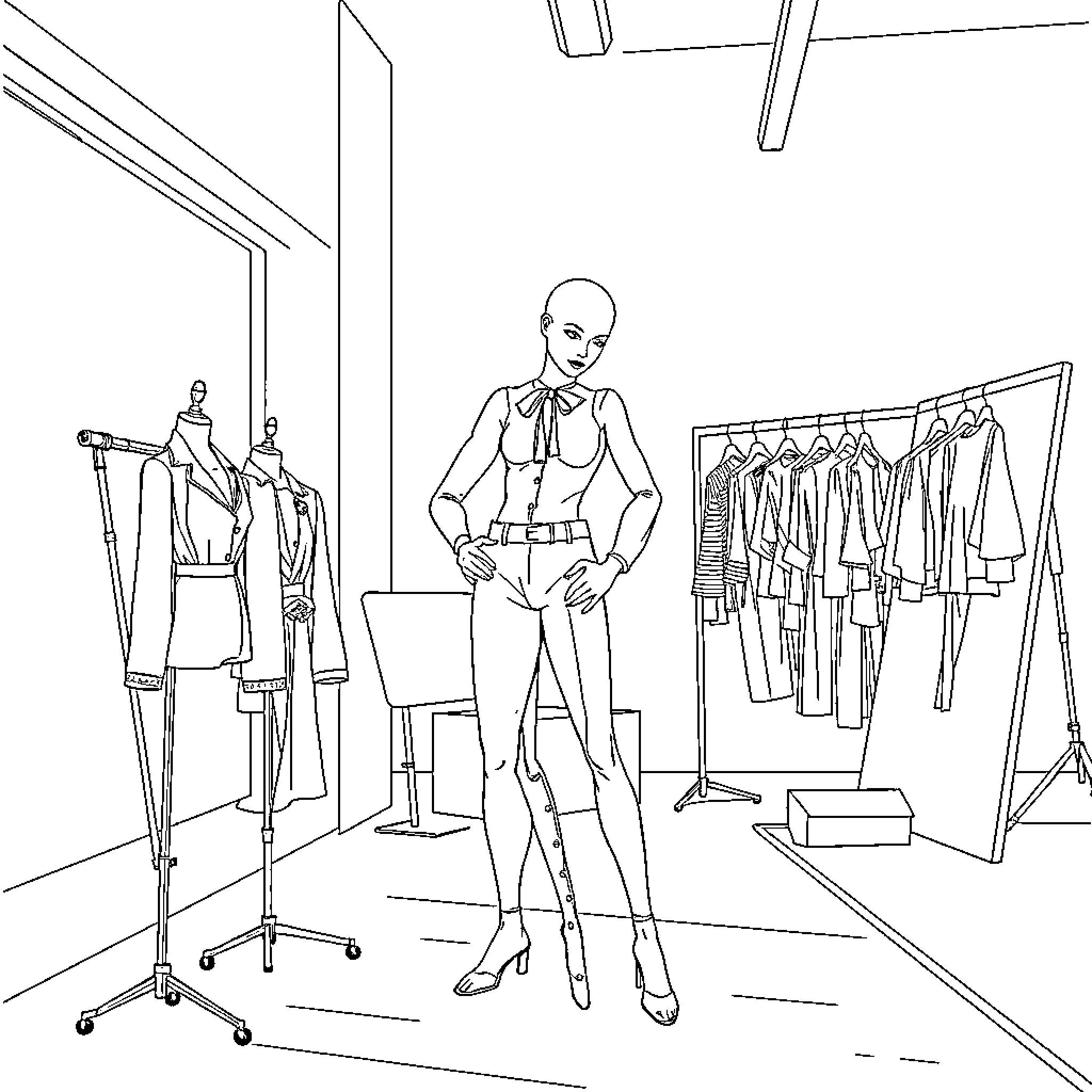Humanoid fashion designer examining clothing in studio Coloring Page (free black-and-white line drawing printable PDF for all, from beginners to advanced learners, including children, teens, adults, and seniors)
