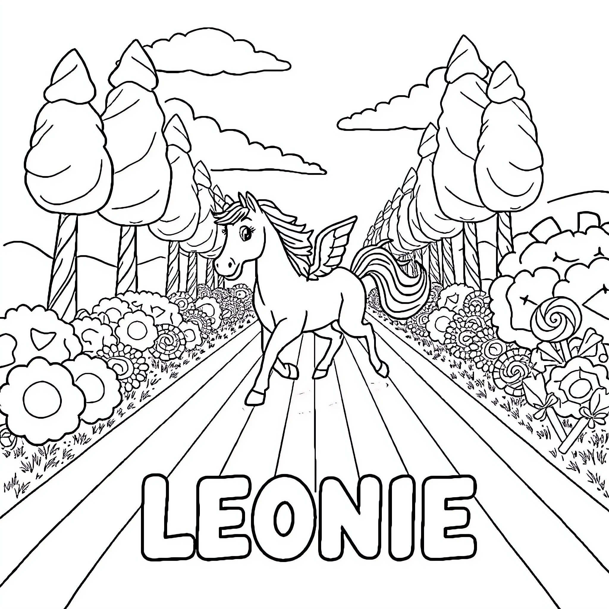 Unicorn Galloping Through Whimsical Forest Landscape Coloring Page (free black-and-white line drawing printable PDF for all, from beginners to advanced learners, including children, teens, adults, and seniors)
