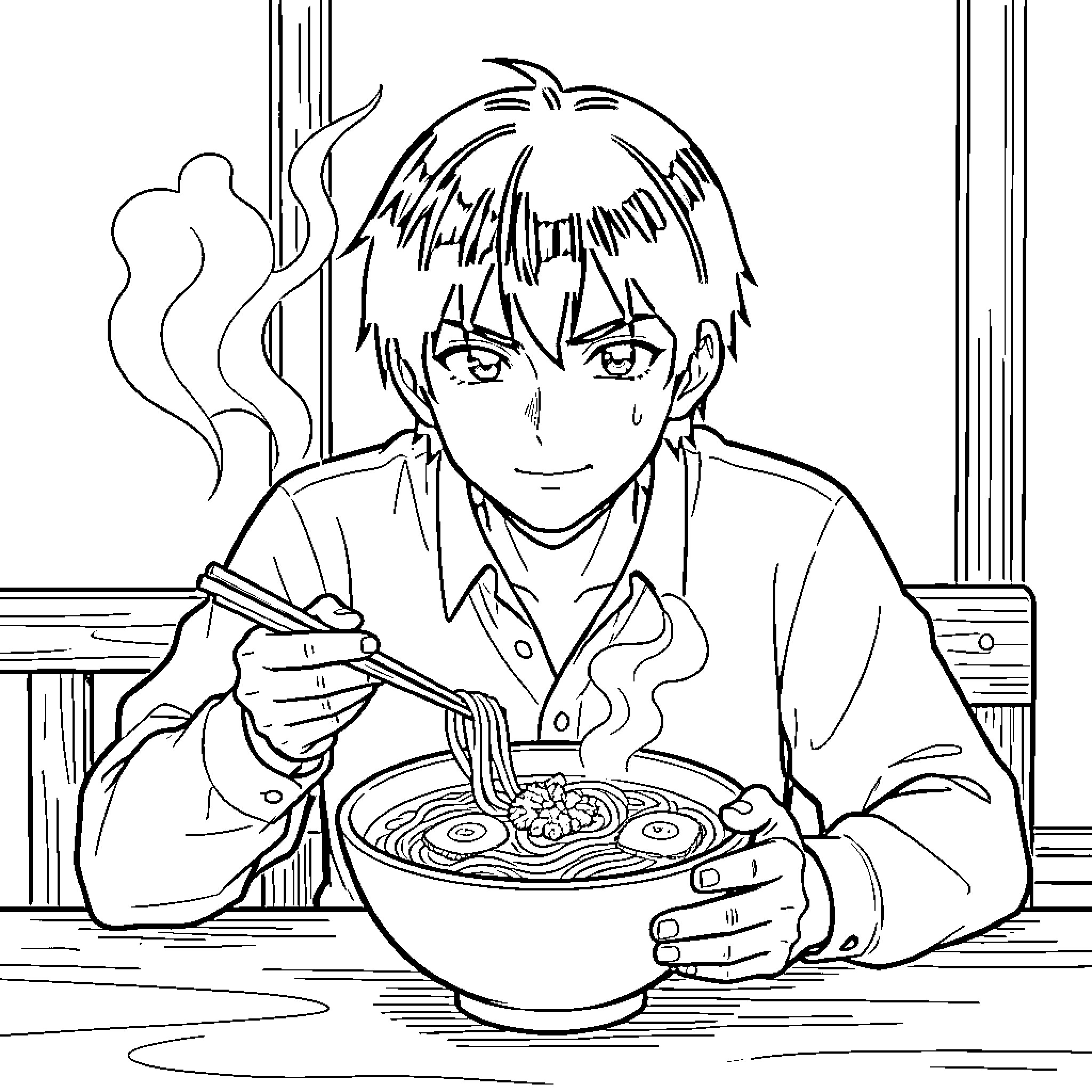Sangoku eating a steaming bowl of noodles Coloring Page (free black-and-white line drawing printable PDF for all, from beginners to advanced learners, including children, teens, adults, and seniors)