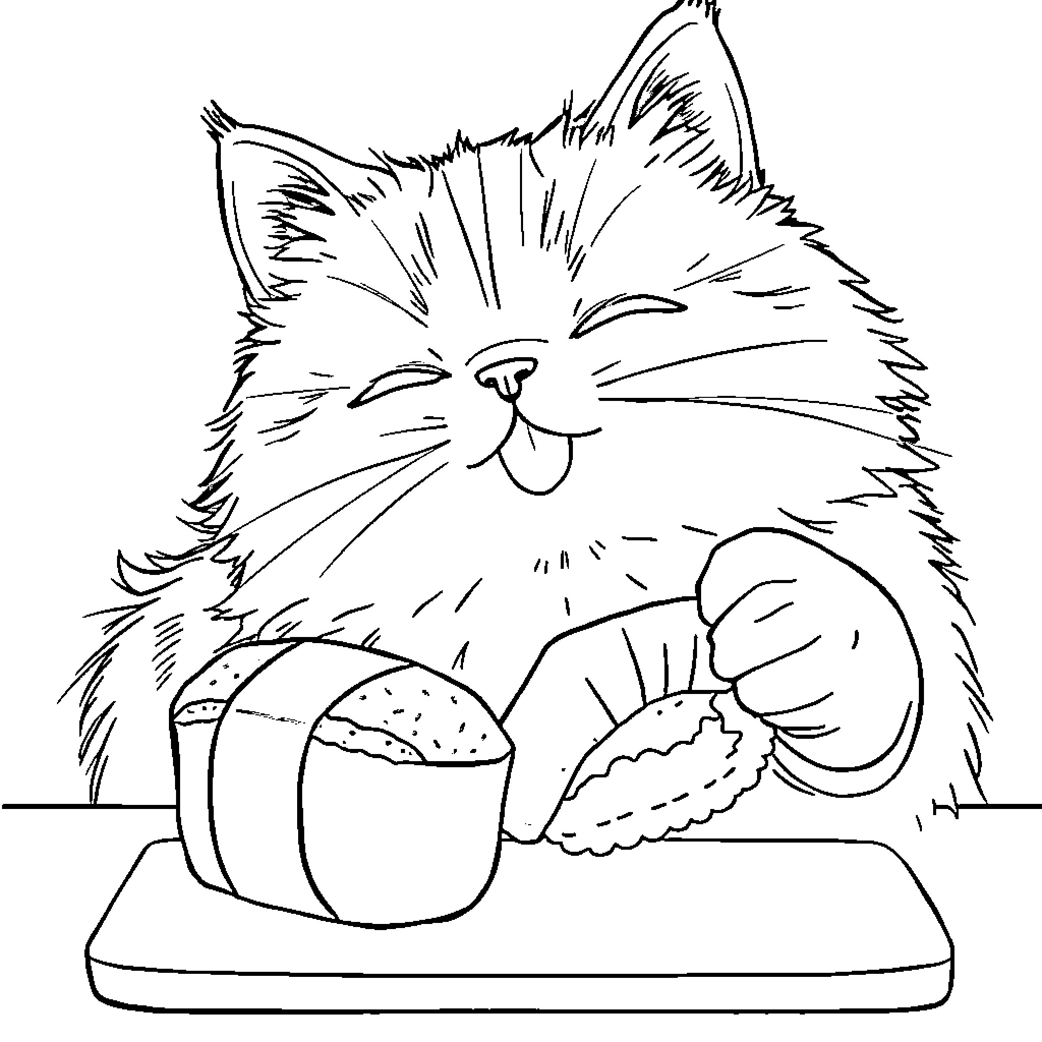 Cat enjoying a tasty snack Coloring Page (free black-and-white line drawing printable PDF for all, from beginners to advanced learners, including children, teens, adults, and seniors)
