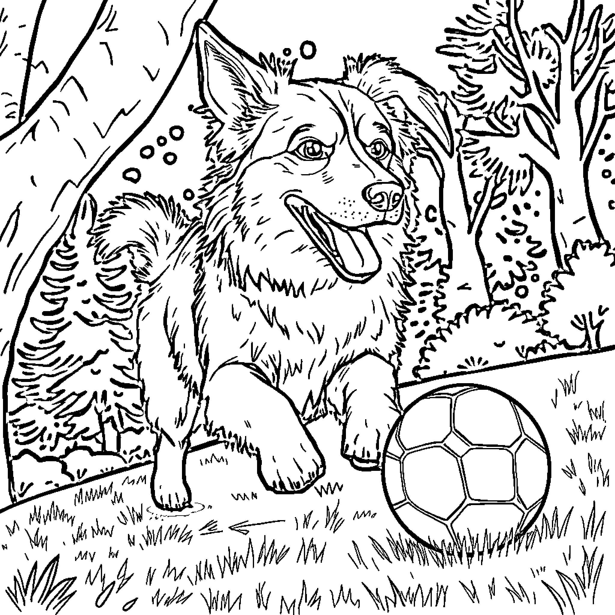 Hund playing with soccer ball in the woods Coloring Page (free black-and-white line drawing printable PDF for all, from beginners to advanced learners, including children, teens, adults, and seniors)