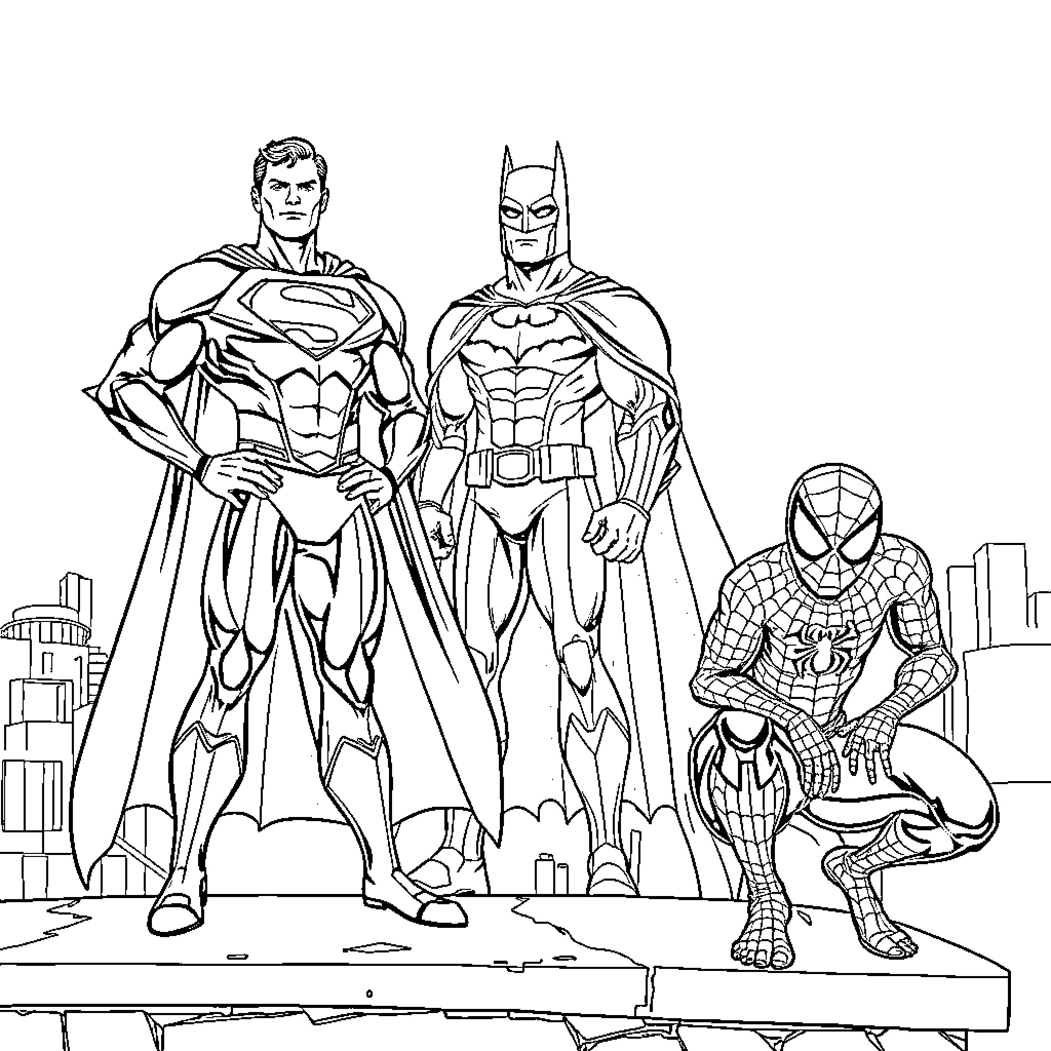 Superman, Batman, and Spider-Man in action poses Coloring Page (free black-and-white line drawing printable PDF for all, from beginners to advanced learners, including children, teens, adults, and seniors)