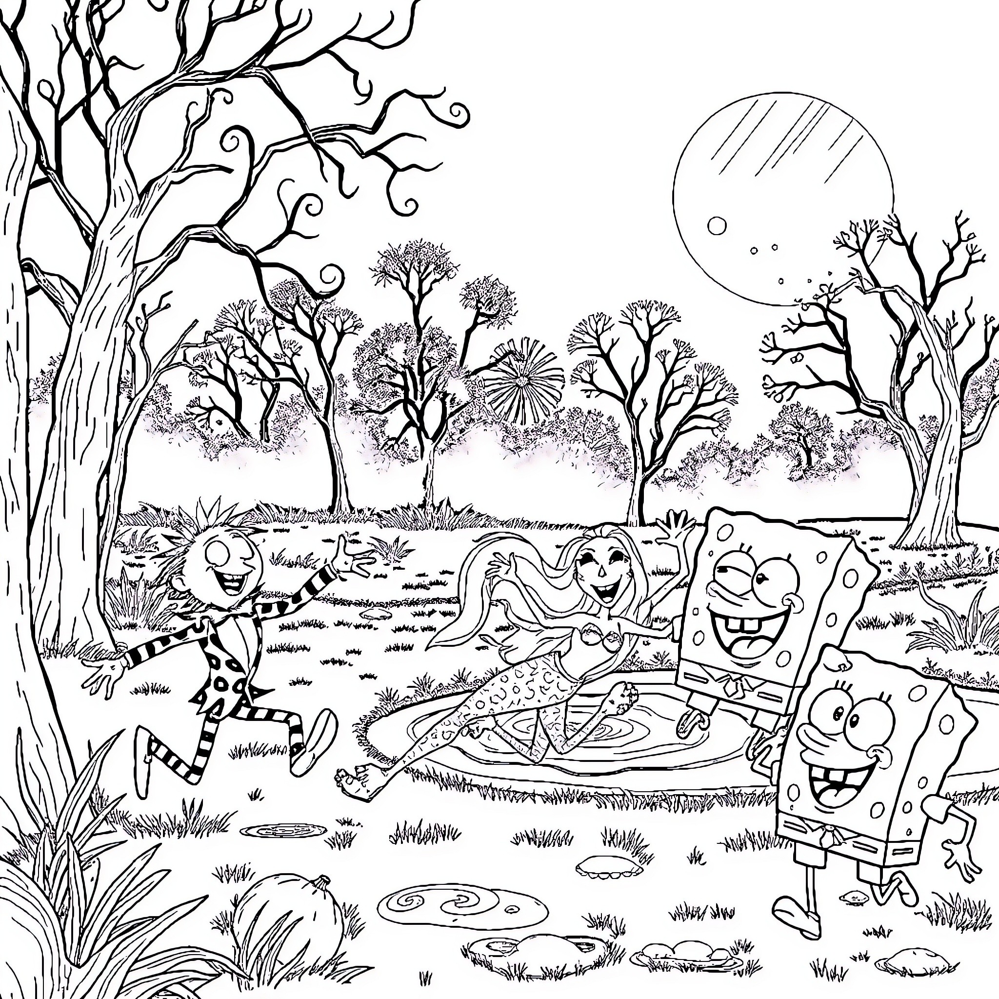 Beetlejuice and Friends Enjoy Spooky Outdoor Adventure Coloring Page (free black-and-white line drawing printable PDF for all, from beginners to advanced learners, including children, teens, adults, and seniors)