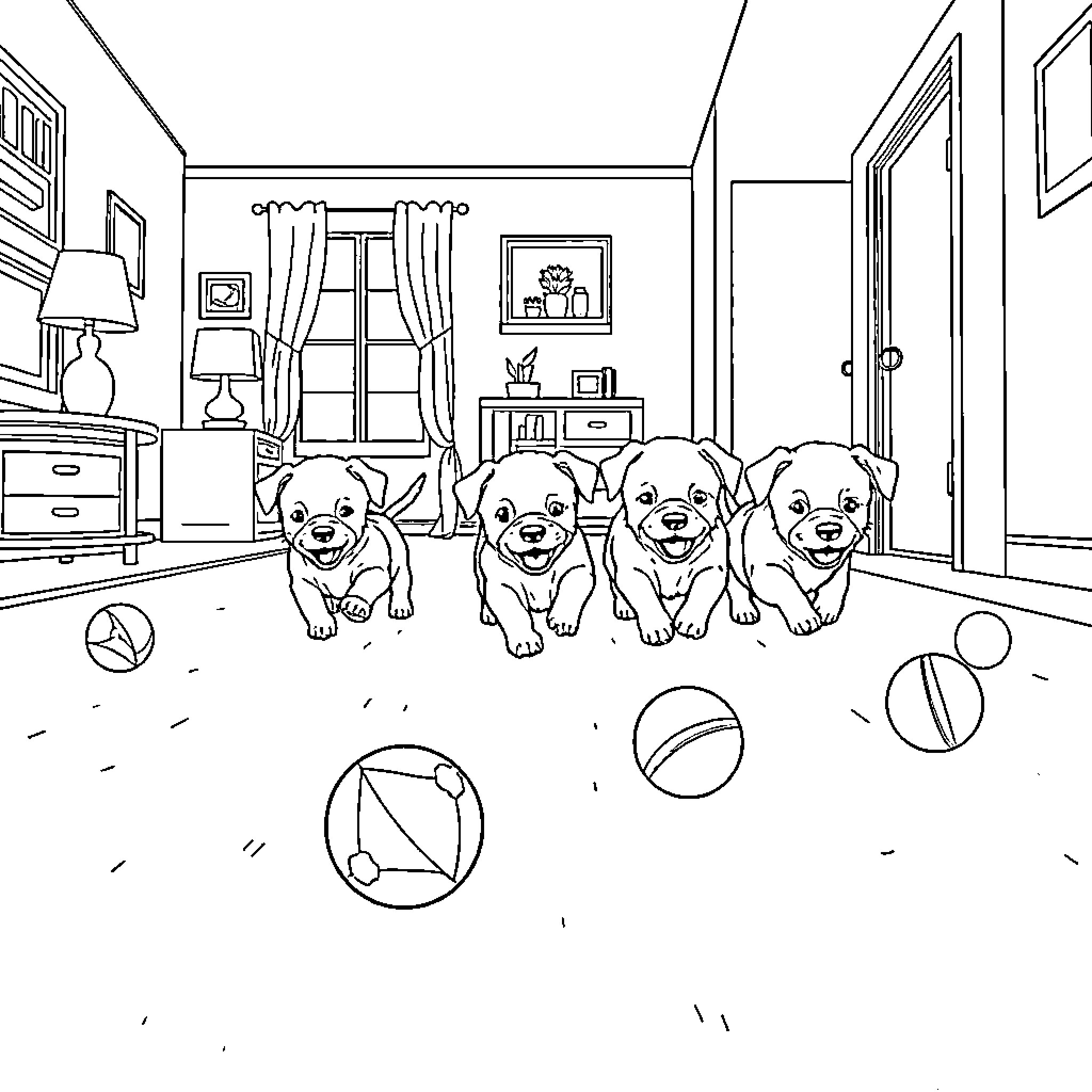 Puppy Playmates Explore Indoor Space Coloring Page (free black-and-white line drawing printable PDF for all, from beginners to advanced learners, including children, teens, adults, and seniors)