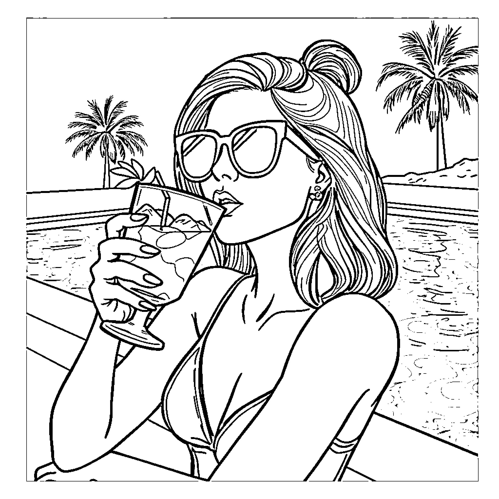 Woman enjoying a refreshing drink by the pool Coloring Page (free black-and-white line drawing printable PDF for all, from beginners to advanced learners, including children, teens, adults, and seniors)