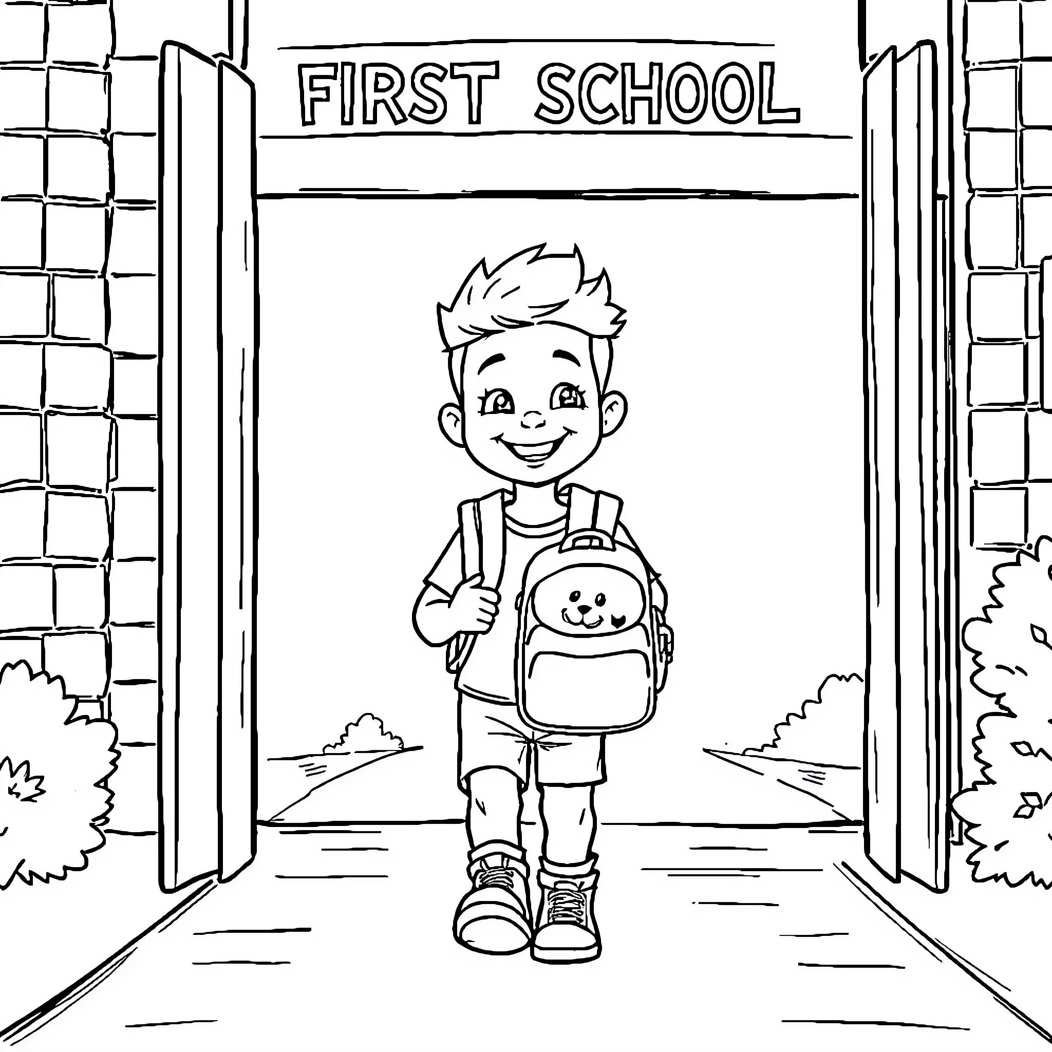 School Boy Entering First Day of School Coloring Page (free black-and-white line drawing printable PDF for all, from beginners to advanced learners, including children, teens, adults, and seniors)