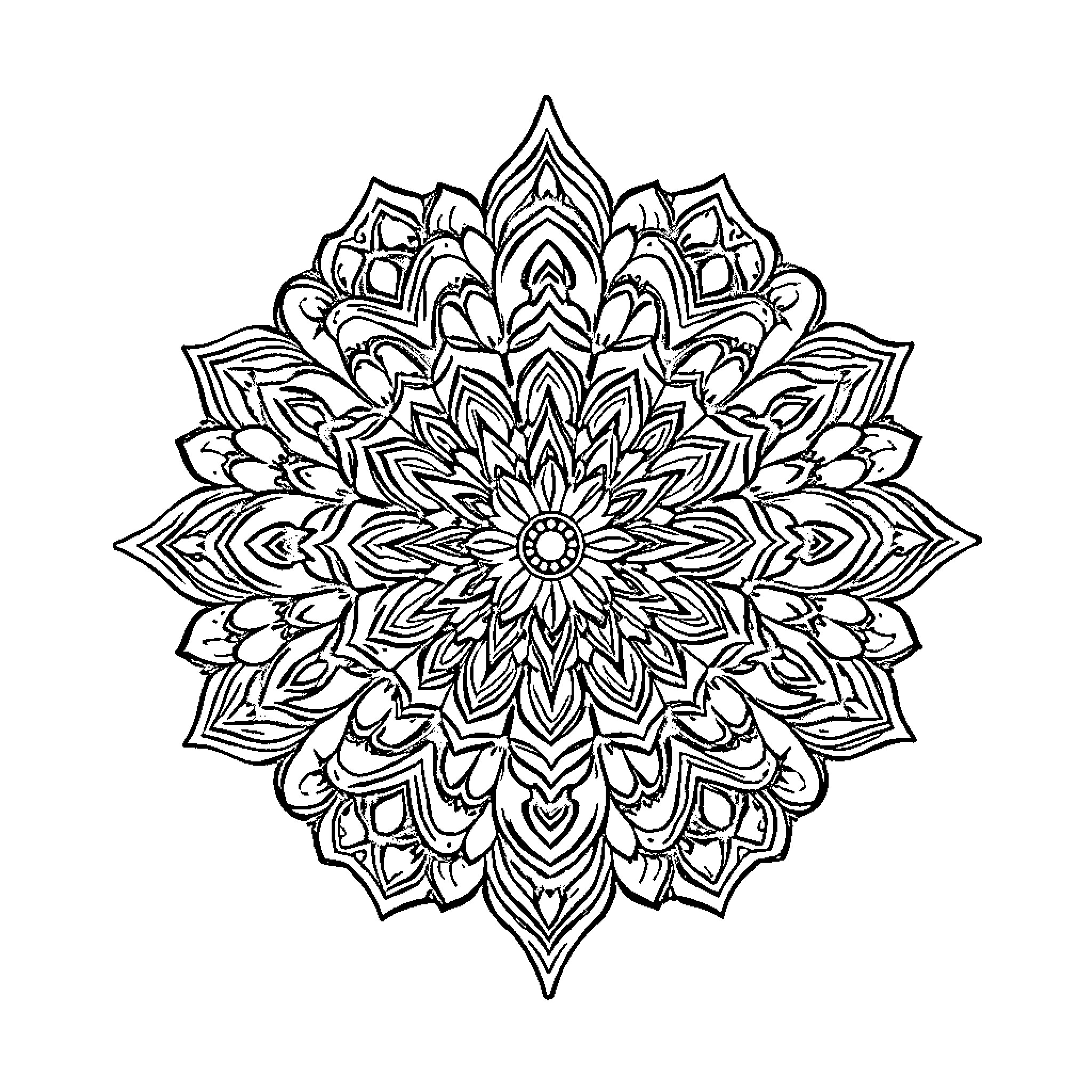 Mandala of intricate floral patterns Coloring Page (free black-and-white line drawing printable PDF for all, from beginners to advanced learners, including children, teens, adults, and seniors)