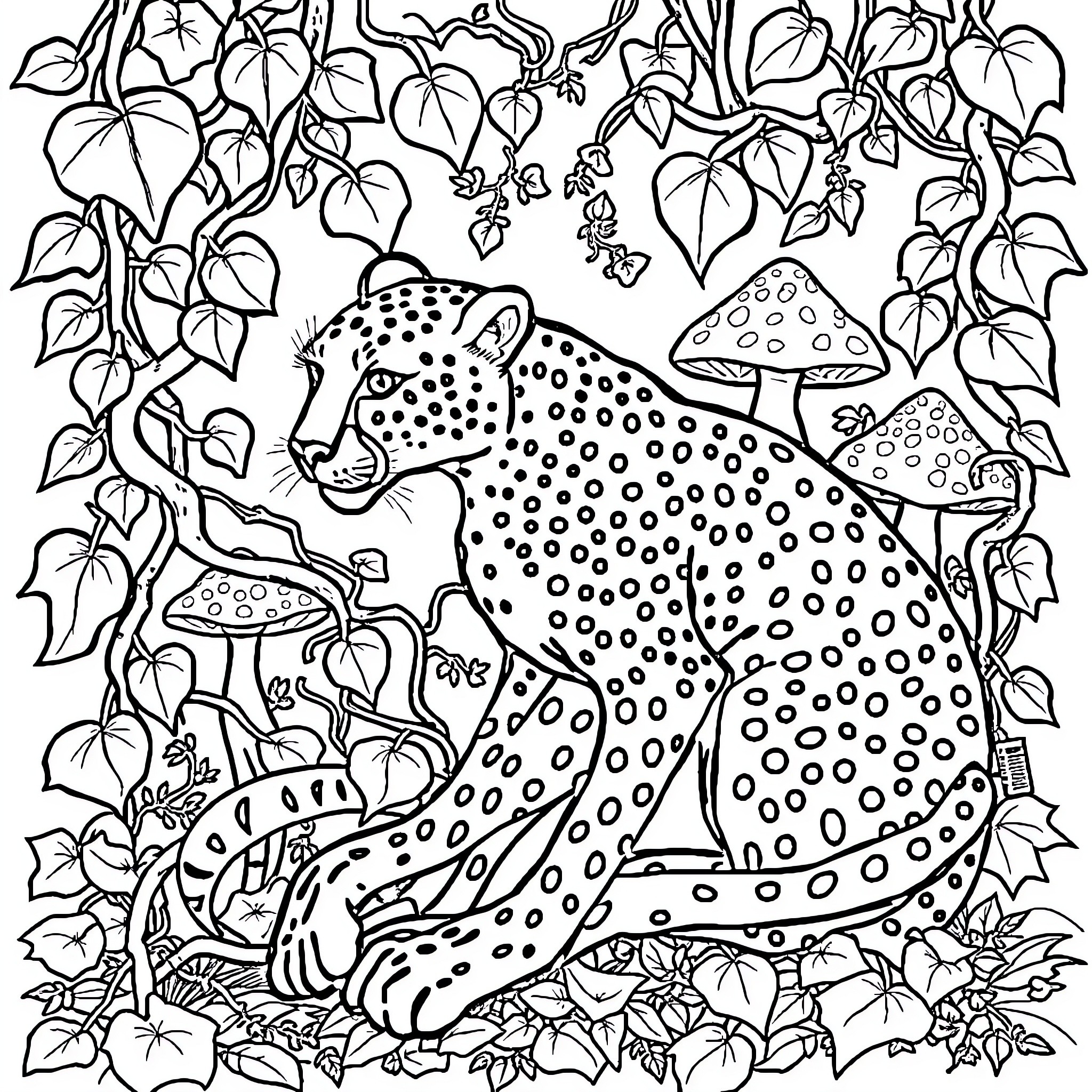 Cheetah exploring whimsical forest with mushrooms Coloring Page (free black-and-white line drawing printable PDF for all, from beginners to advanced learners, including children, teens, adults, and seniors)
