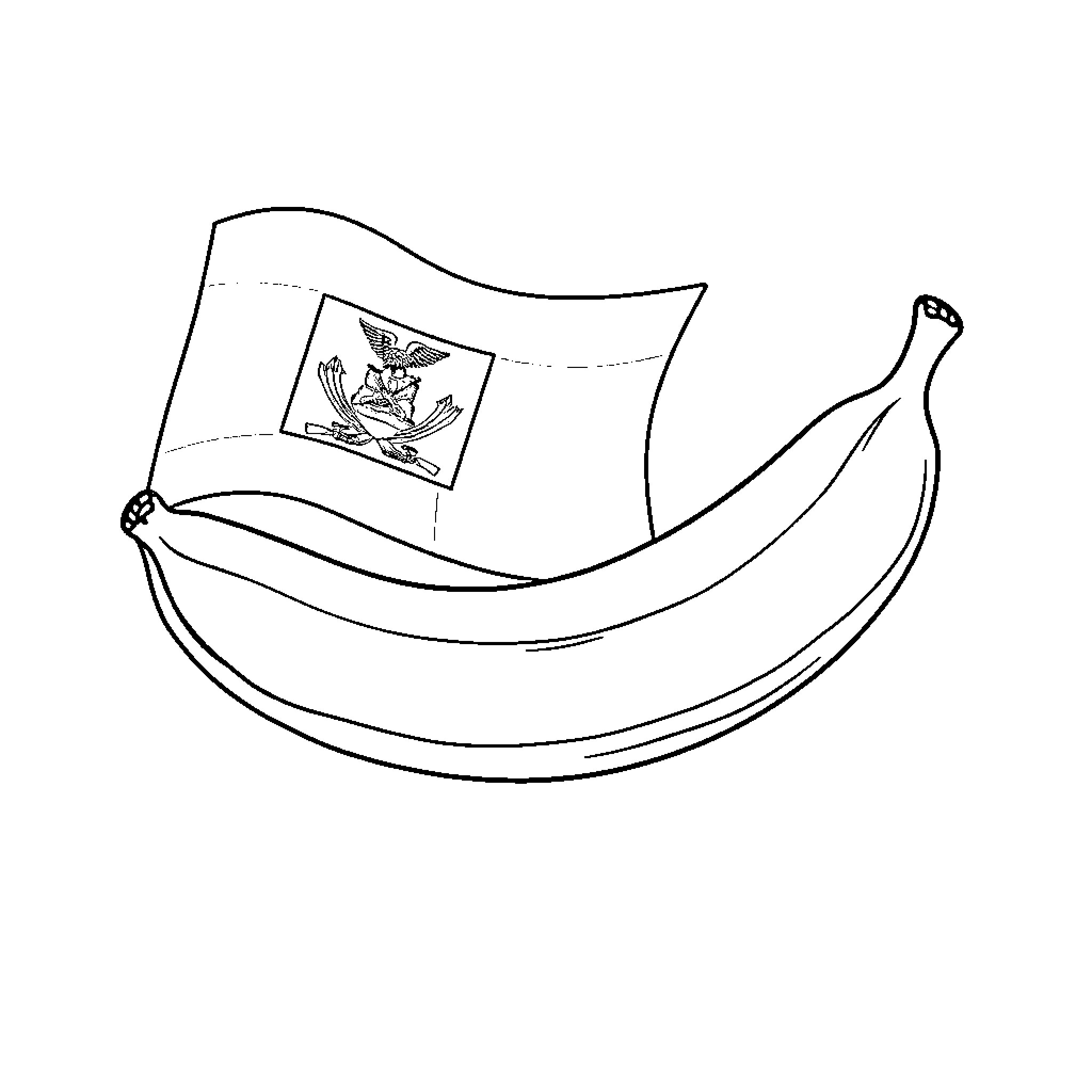 Banana with a flag depicting a cartoon character Coloring Page (free black-and-white line drawing printable PDF for all, from beginners to advanced learners, including children, teens, adults, and seniors)