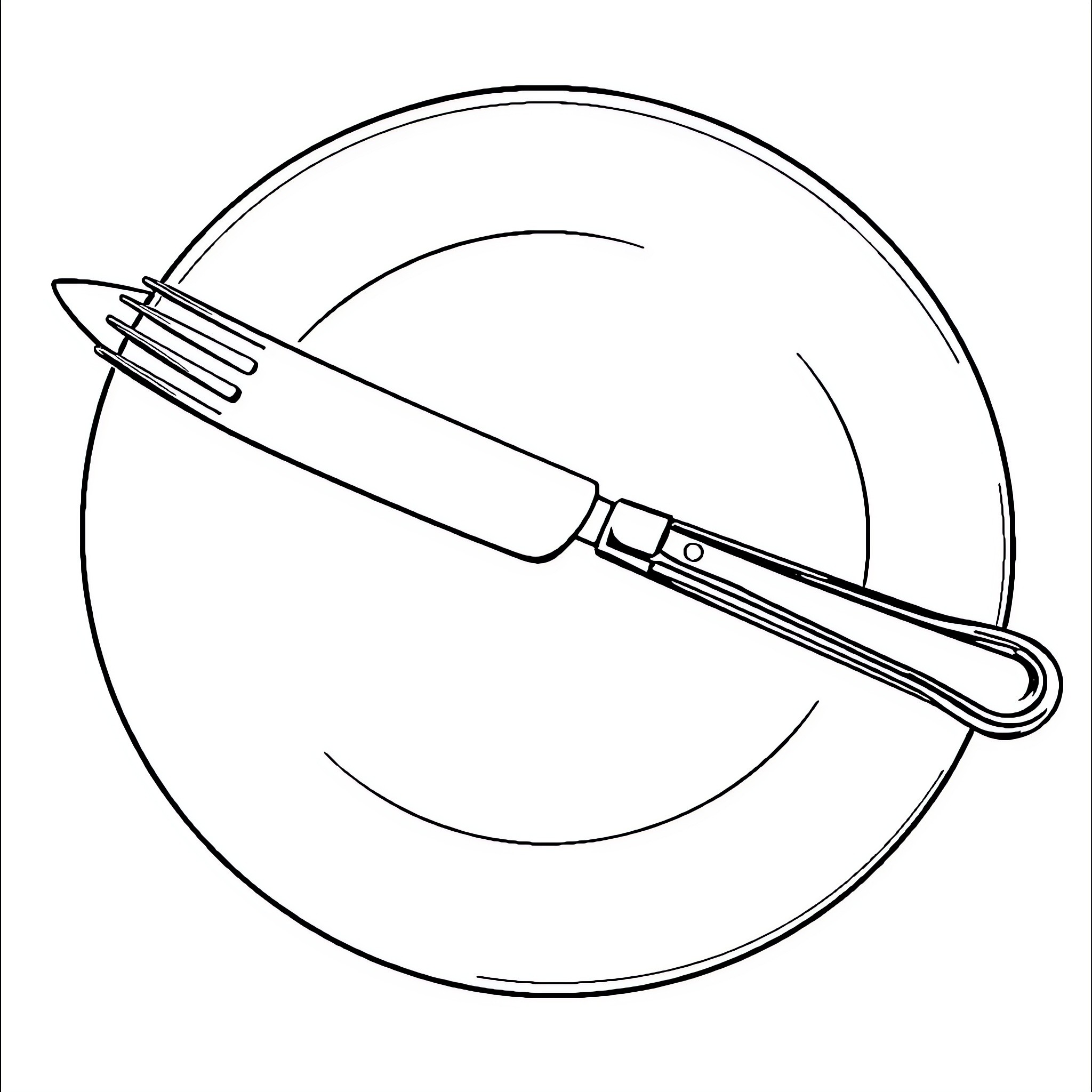 Plate with Serving Utensils Coloring Page (free black-and-white line drawing printable PDF for all, from beginners to advanced learners, including children, teens, adults, and seniors)