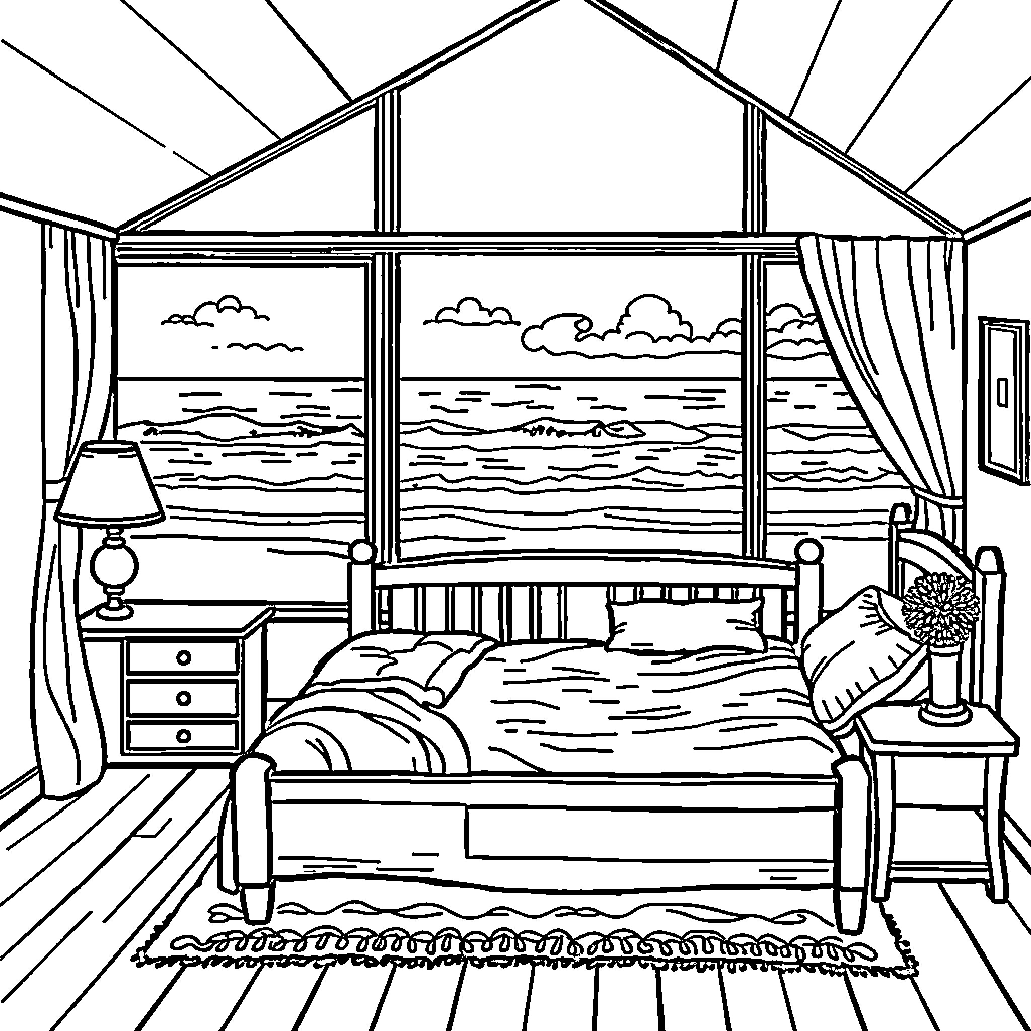 Bedroom with Scenic Ocean View Coloring Page (free black-and-white line drawing printable PDF for all, from beginners to advanced learners, including children, teens, adults, and seniors)