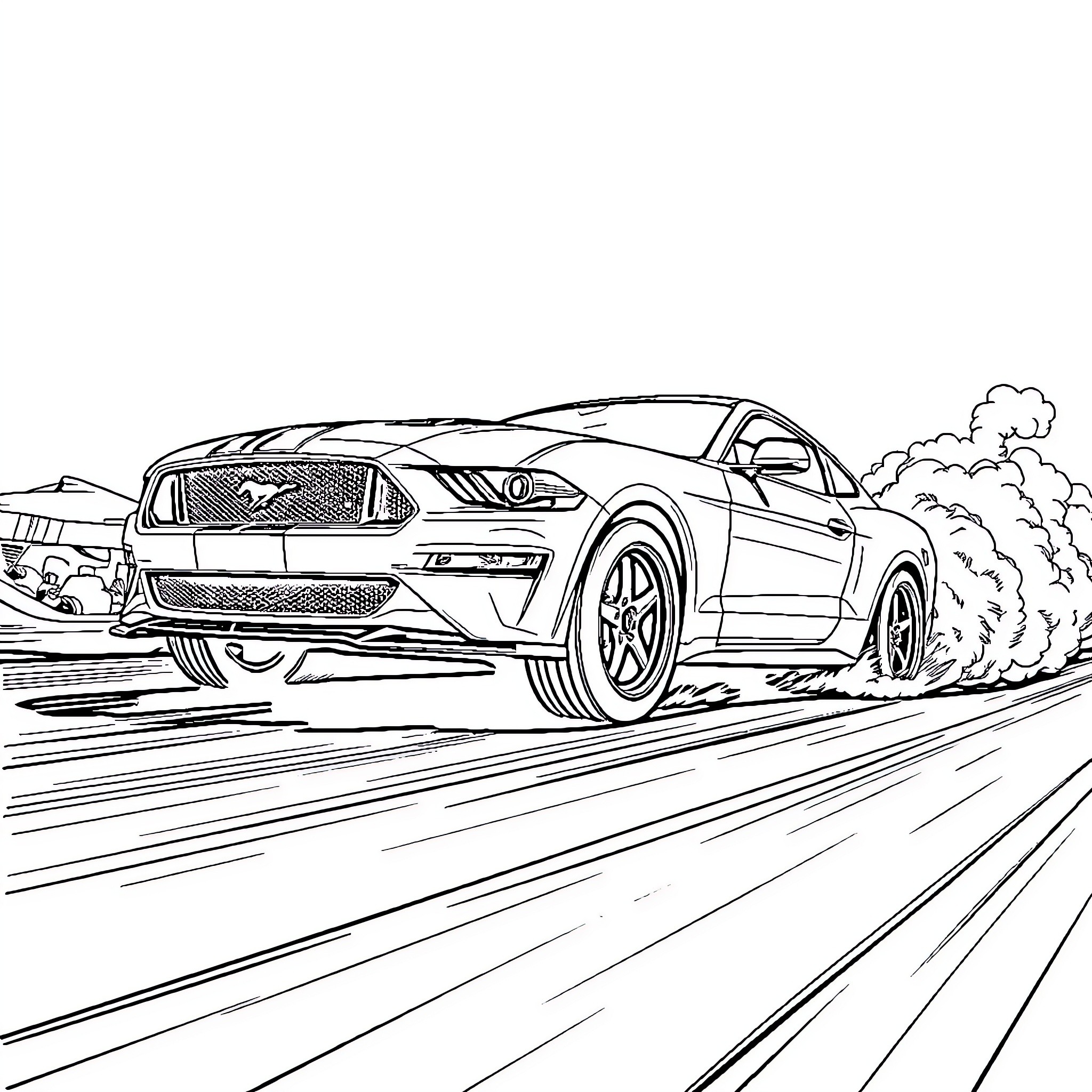 Mustang speeding down the road with smoke Coloring Page (free black-and-white line drawing printable PDF for all, from beginners to advanced learners, including children, teens, adults, and seniors)