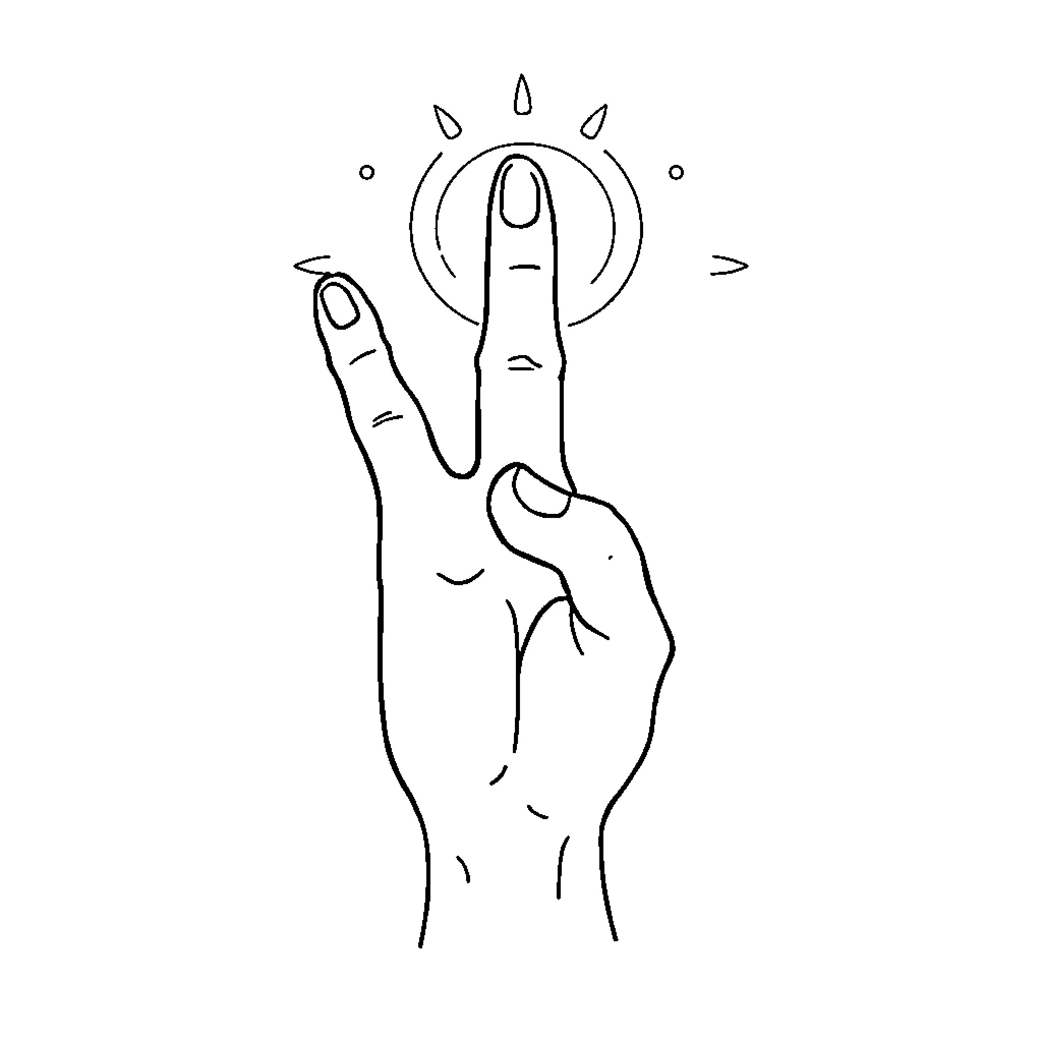 Finger Gesture Under a Radiant Light Coloring Page (free black-and-white line drawing printable PDF for all, from beginners to advanced learners, including children, teens, adults, and seniors)