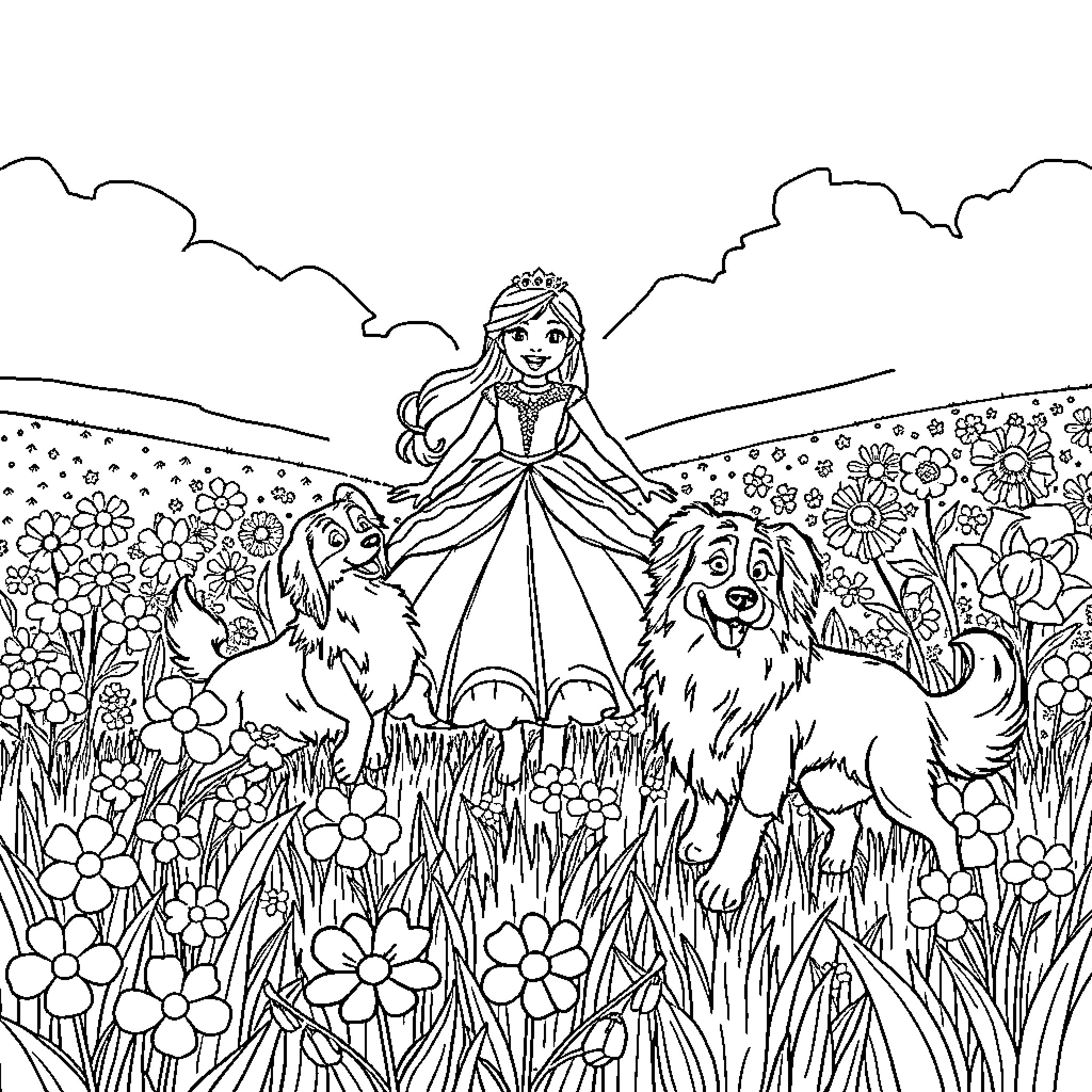 Princess playing with her pet dogs in a flowery meadow Coloring Page (free black-and-white line drawing printable PDF for all, from beginners to advanced learners, including children, teens, adults, and seniors)